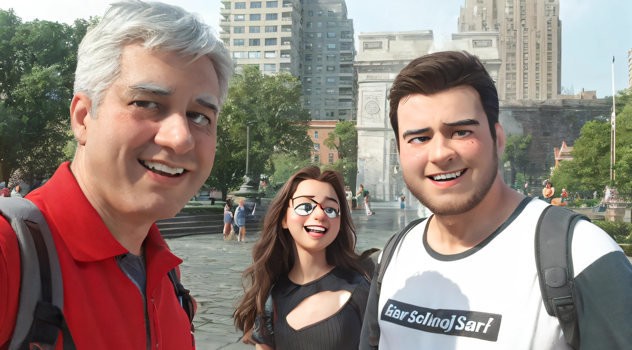estilo disney pixar. Family strolling in the square.