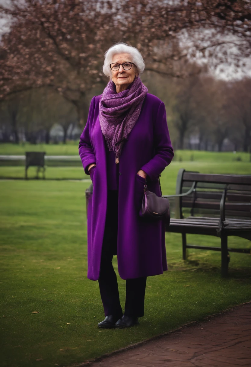 masterpiece, best quality, an old woman with glasses and a scarf on, wearing a purple coat and green scarf, standing at the park