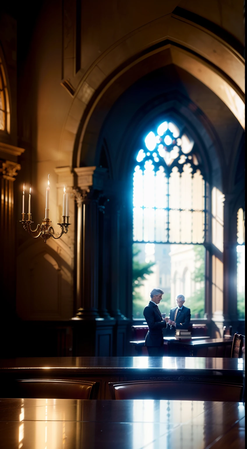 "Audeman, arch, resolute, contemplation, Pentland exterior, high quality, cinematic image, (blurred background:1.5), realistic, library, books in the background, large windows, candlelight, spotlight"