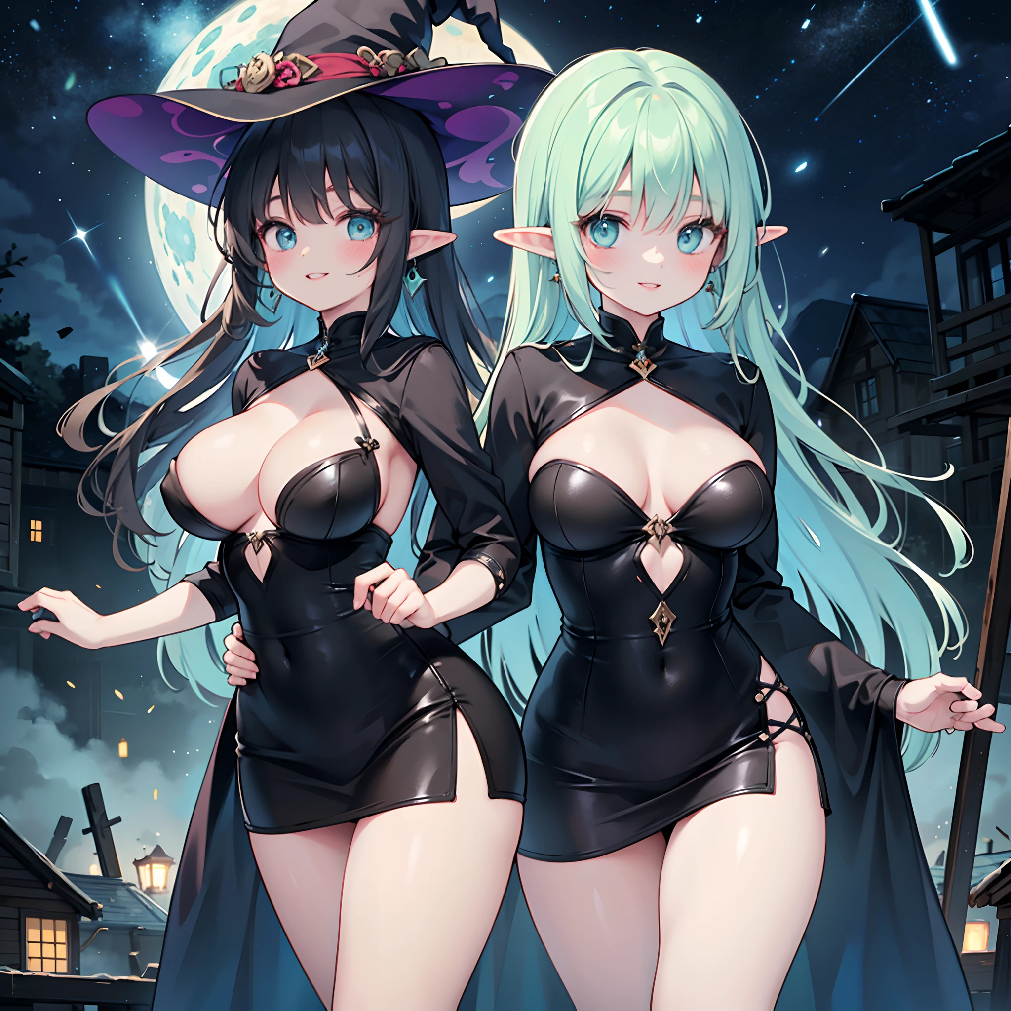 Realistic and detailed image of an elf. dressed as a witch in a . Unusually shiny long silky black hair. turquoise eyes. She has earrings and long eyelashes. She has full lips. Large , slim waist, very wide  and thick thighs. Smiling. Back arched. She is flying. Day of the Dead Festival. Dark environment. Starry night.