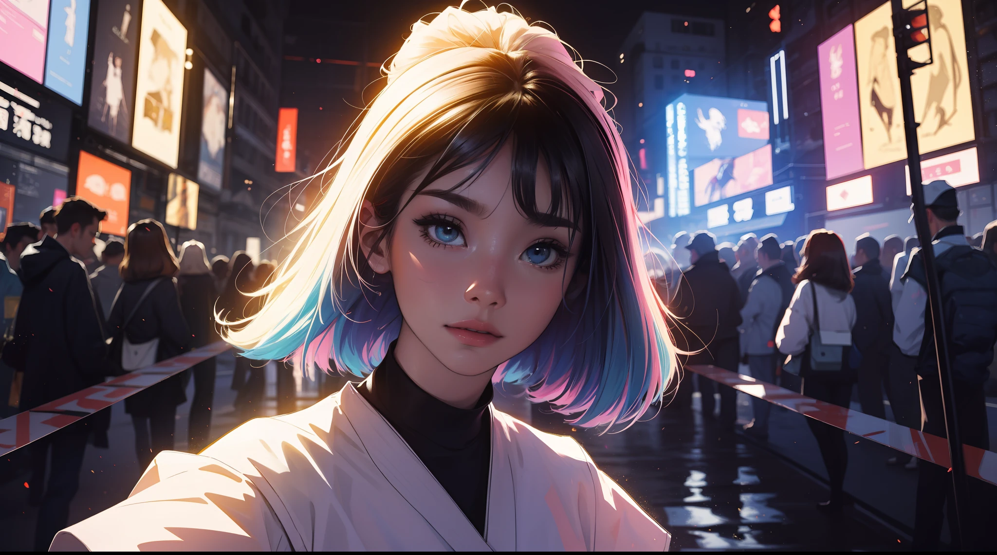 A close up of a person with a colorful hair and a white shirt - SeaArt AI