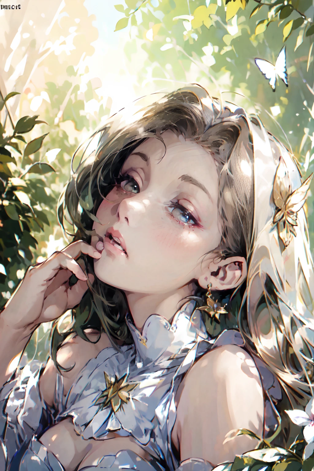 (best quality,4k,8k,highres,masterpiece:1.2),ultra-detailed,(realistic,photorealistic,photo-realistic:1.37),beautiful detailed eyes,beautiful detailed lips,extremely detailed eyes and face,long eyelashes,portraits,professional,masterfully painted,soft lighting,natural colors,subtle shadows,graceful posture,peek-a-boo dress,blush on cheeks,a serene garden,twinkling flowers,vibrant butterflies,dreamy atmosphere,immaculate skin,delicate features,sensational charm,innocent expressions,captivating gaze,ethereal beauty,a playful smile,fairytale-like setting,enchanted sunlight filtering through the trees,sublime aura,endless joy and enchantment,mischievous personality,pure and delicate aesthetic,cute and adorable,fetching personage,lithe figure,stunning elegance,adorning jewels and flowers,whimsical hair ornaments,unforgettable enchantress,heart-melting,delightfully magical.
