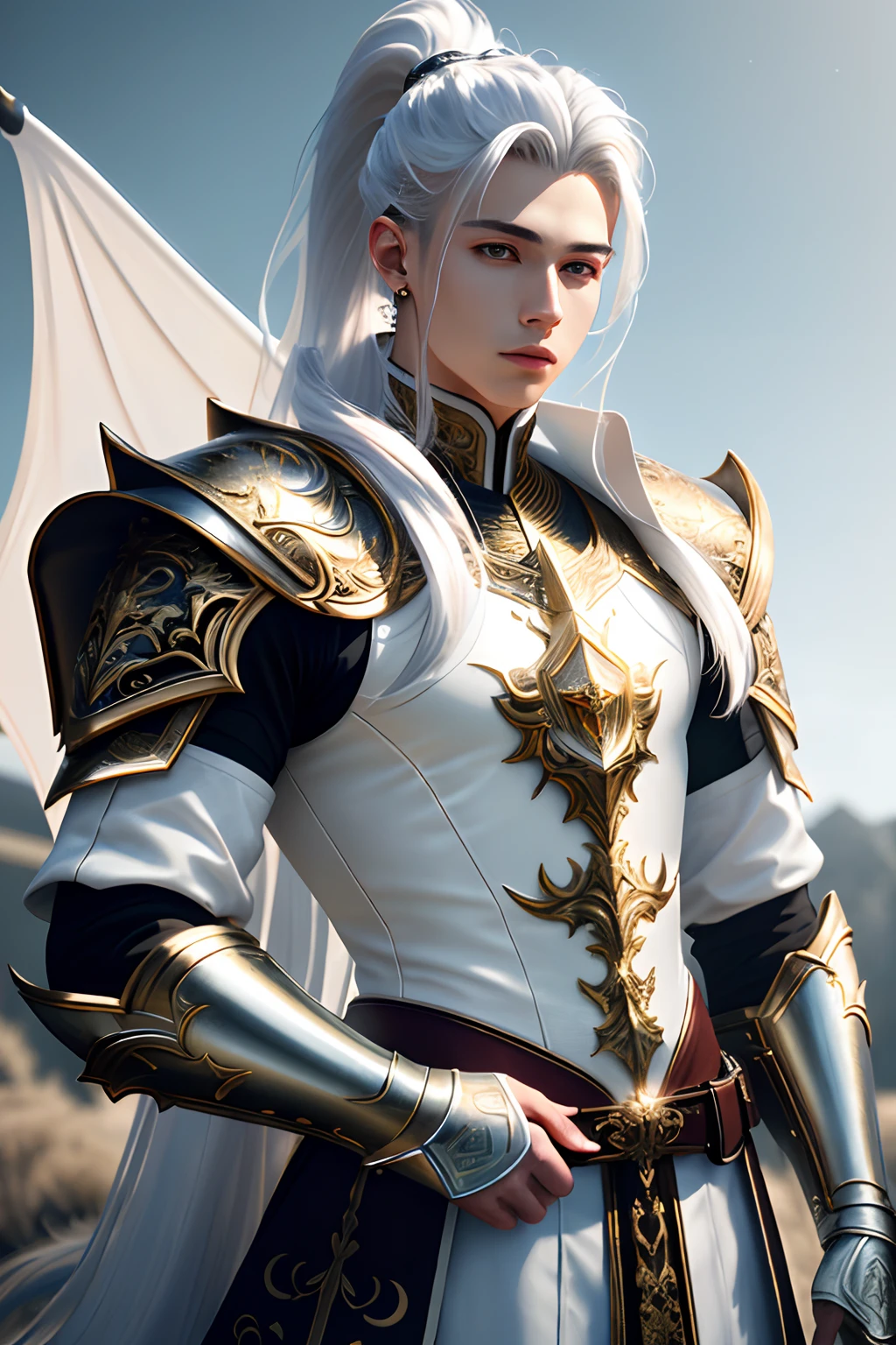 masterpiece, ultra detailed photography of a gorgeous humanoid dragon male, 1guy, (((21 year old male))), perfectly drawn face, wearing a luxury white battle armor, luxurious gloves, 8k resolution, photorealistic, ultra-high quality, king, opulent detailed background, covered navel, 32k, long white hair, messy ponytail, full lips, curvy guy, perfect anatomy, cinematic lighting, intricately detailed, white tetradic color, volumetric lighting