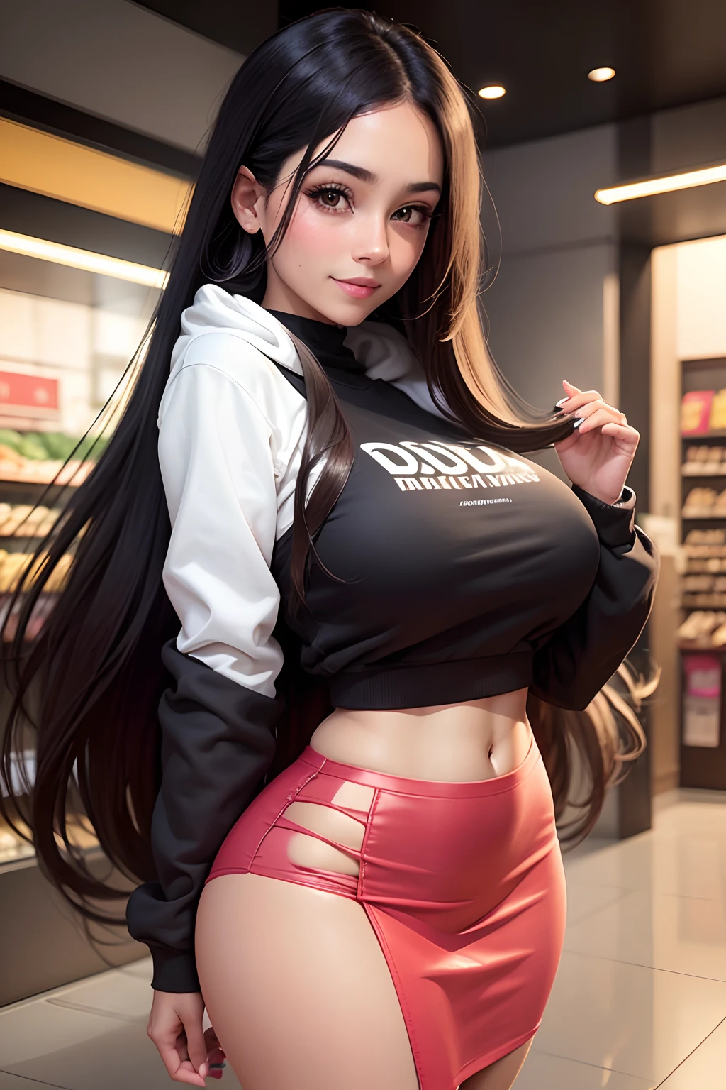 Mexican is 30 years old, eyes aligned, smiling, very long straight hair, She will be wearing a tight skirt, She will be wearing a sweatshirt, thin waist, huge breasts, big hips, She will be with her back to the viewer, She will be in a shopping center