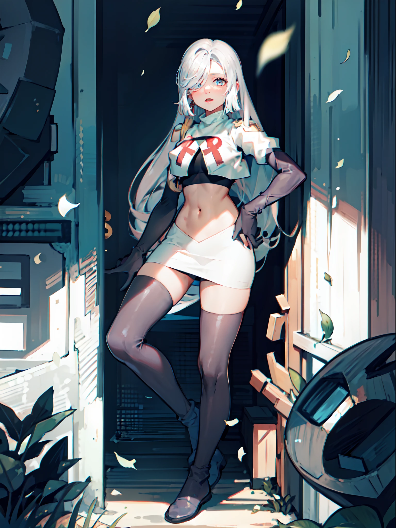 1girl, shenhe \(genshin impact\), long hair, silver hair, medium breasts, hair over one eye,,1girl,team rocket,team rocket uniform,white skirt,crop top,black thigh-highs,black elbow gloves,