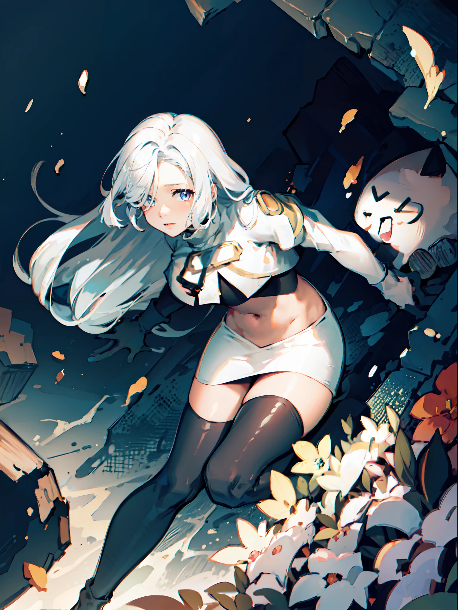 1girl, shenhe \(genshin impact\), long hair, silver hair, medium breasts, hair over one eye,,1girl,team rocket,team rocket uniform,white skirt,crop top,black thigh-highs,black elbow gloves,