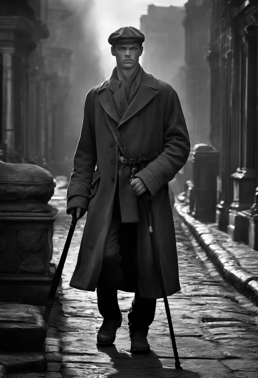 in the year 2026 A young Fit, but blind warrior walks carefully down the street papping his cane in a post war city in ruins his cane provides a map of the mosley greyscale world without colour except for the fire and his bright blue blind eyes