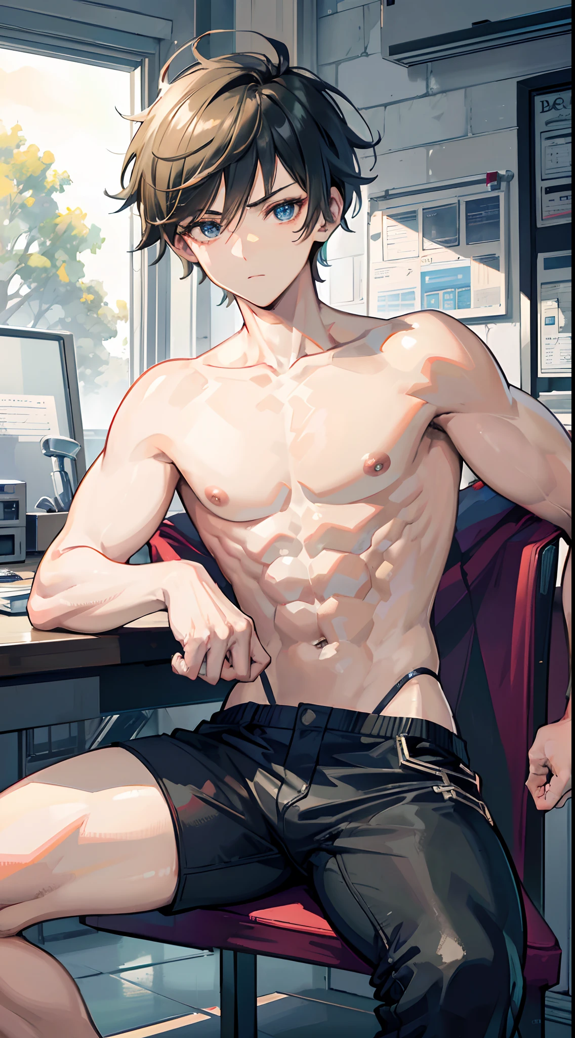 Absurdres masterpiece HDR high quality picture of Handsome boy , handsome face, detailed face, Ben 10, Ben tennison, very Short hair, ((messy cut hair style:1 )) , anime eyes, light skin , ((muscular:1)),masculine ,age 18 , 

topless , sitting comfortably on chair inside the laboratory room, beautiful background, masterpiece scenery