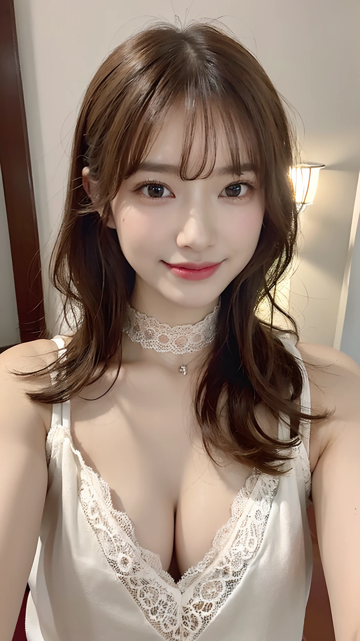 (​masterpiece:1.3), (8K, Photorealsitic, Raw photography, Top image quality: 1.4), Japan high school girls、(Random hairstyles:1.2)、cleavage of the breast、(small tits:1.3)、Super Detail Face、Eye of Detail、二重まぶた、foco nítido:1.2、prety woman:1.4、light brown hair、top-quality、​masterpiece、超A high resolution、(Photorealsitic:1.4)、very detailed and professional lighting、I'm wearing a shawl、Shoulder out、slender、A smile、(no brassiere)、Spread your hands to the sides、(My clothes are big and slippery)、lace choker、(Wear a white silk camisole)