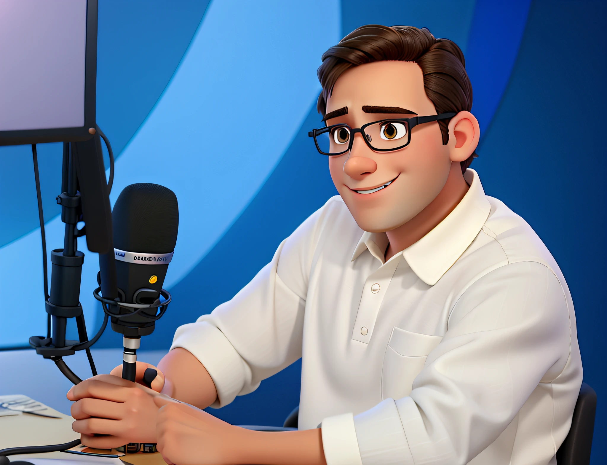 A brunette man in Disney Pixar style hosting a radio show speaking into the microphone