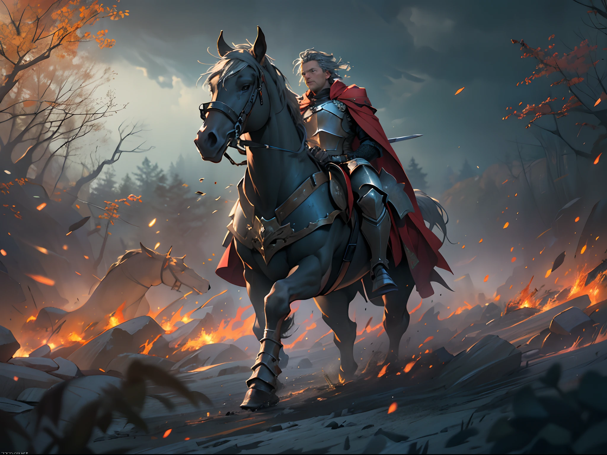 General on horseback,charge,top-quality、softlighting、(depth of fields)、超A high resolution、(Photorealsitic:1.4)、RAW photography、(porate:1.4),On the battlefield,Russell Crowe(Russell Ella Crowe)played by General Maximus(cinematic ligh:gladiator),(Hairstyles:Short dark brown hair,Small waves),(Wearing:Silver armor,red capelet,(rendering by octane, illusory engine, Highly detailed, iintricate,)), Riding an armored war horse, Command the battlefield,(Angry,Brave,intense battles,),8K, High definition, Detailed face, Detailed eyes,Hyper-realistic, + cinema shot + Dynamic composition, Incredibly detailed, Sharpen, Details + Superb details + perfectionism + award winning realism ((Moody lighting)),Vintage style,Correct anatomy,(Scenes:Winter cold forest,Medieval battlefield,The King's Banner,Flying flames,),((Masterpiece,Best quality)), ((Cinematic light)), Ultra photo realsisim, fearsome, Dark fantasy, epic realistic, Faded, ((com cores neutras)), (hdr:1.5), (pastel colour:1.2), ultra - detailed, (Art Station:1.5), Cinematic, warm lights, Light effect, Dramaticlight, (Intricate details:1.1), the complex background, (greg rutkovsky:0.8), (Teal and orange:0.4),Knights、Full body armor、big sword、a shield、Red cape、Riding an armored horse, Fierce, epic, Cinematic composition,