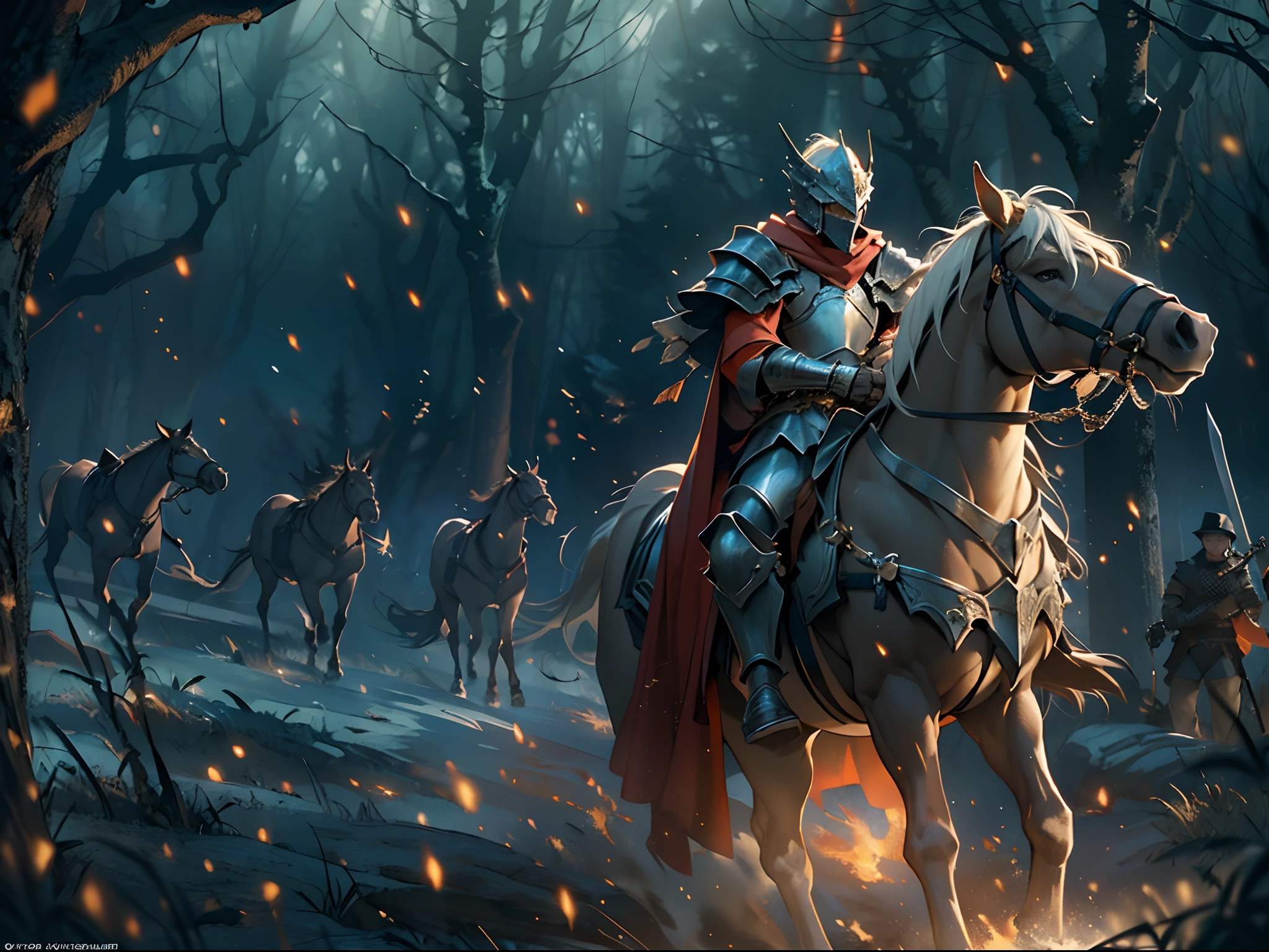 General on horseback,charge,top-quality、softlighting、(depth of fields)、超A high resolution、(Photorealsitic:1.4)、RAW photography、(porate:1.4),On the battlefield,Russell Crowe(Russell Ella Crowe)played by General Maximus(cinematic ligh:gladiator),(Hairstyles:Short dark brown hair,Small waves),(Wearing:Silver armor,red capelet,(rendering by octane, illusory engine, Highly detailed, iintricate,)), Riding an armored war horse, Command the battlefield,(Angry,Brave,intense battles,),8K, High definition, Detailed face, Detailed eyes,Hyper-realistic, + cinema shot + Dynamic composition, Incredibly detailed, Sharpen, Details + Superb details + perfectionism + award winning realism ((Moody lighting)),Vintage style,Correct anatomy,(Scenes:Winter cold forest,Medieval battlefield,The King's Banner,Flying flames,),((Masterpiece,Best quality)), ((Cinematic light)), Ultra photo realsisim, fearsome, Dark fantasy, epic realistic, Faded, ((com cores neutras)), (hdr:1.5), (pastel colour:1.2), ultra - detailed, (Art Station:1.5), Cinematic, warm lights, Light effect, Dramaticlight, (Intricate details:1.1), the complex background, (greg rutkovsky:0.8), (Teal and orange:0.4),Knights、Full body armor、big sword、a shield、Red cape、Riding an armored horse, Fierce, epic, Cinematic composition,