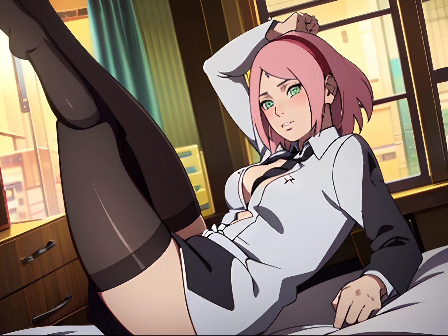 ultra realistic 8k cg, Masterpiece, Best quality, (Photorealistic:1.4),Beautiful lighting, absurderes,senran， Solo,cowboy lens），（Covered Clothes：1.5）， beautiful detailed lips,（perspire，Be red in the face，Blush：1.5），Masterpiece, High definition, High quality, Detailed face, detailed body render, 1girll, Solo, ,Room), Blush, (in a  bedroom)，Show off your legs，cleavage，White shirt, Miniskirt, Skirt, Black skirt, pencil_Skirt, Cowboy shot, black necktie， see through shirt，cleavage， lying down，with perfect legs，perfect hand，s the perfect face，（（Hold your legs with both hands）），black lence stockings，vred，pink short hair。cowboy lens，One leg up