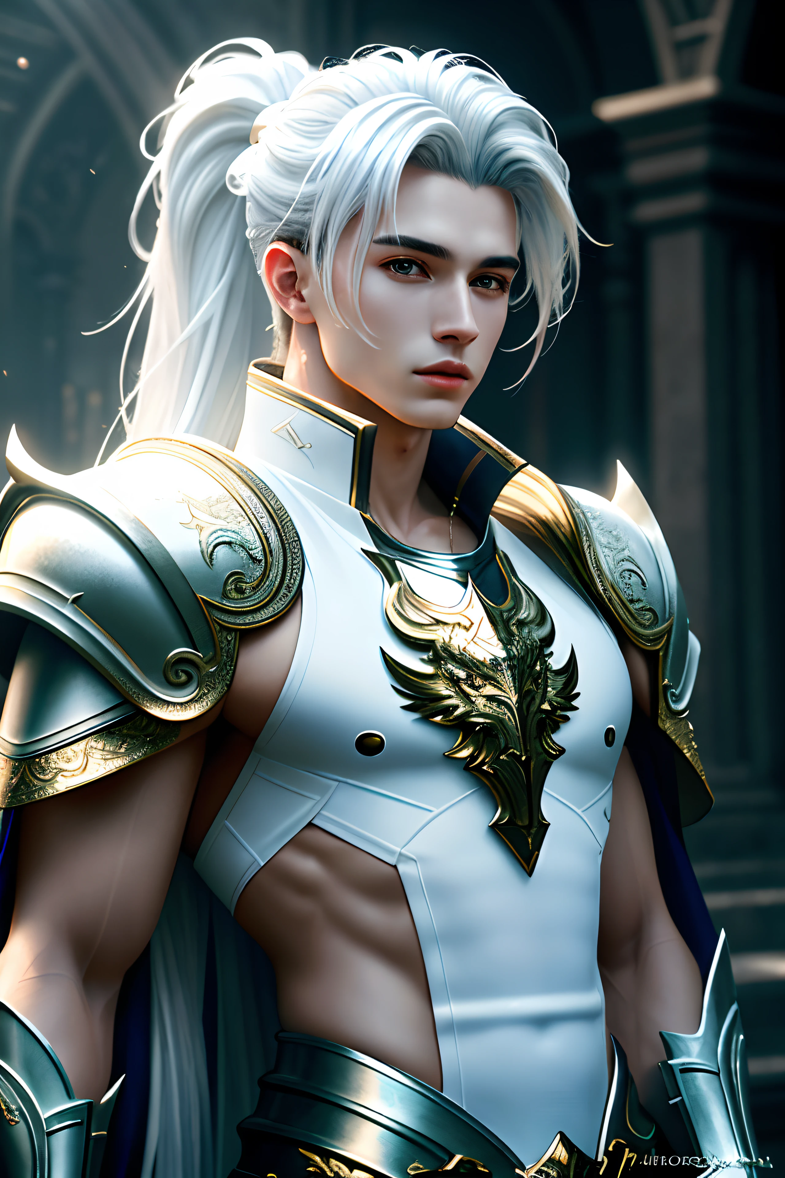 masterpiece, ultra detailed photography of a gorgeous humanoid dragon male, 1guy, (((21 year old male))), perfectly drawn face, wearing a luxury white battle armor, luxurious gloves, 8k resolution, photorealistic, ultra-high quality, king, opulent detailed background, covered navel, 32k, long white hair, messy ponytail, full lips, curvy guy, perfect anatomy, cinematic lighting, intricately detailed, white tetradic color, volumetric lighting