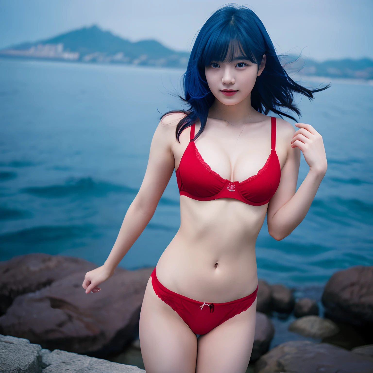 Dahyun Lookalike，Smaller chest，Red underwear，Beautie，Korea person，dark blue hair，is standing，front facing，1girl in，Background sea