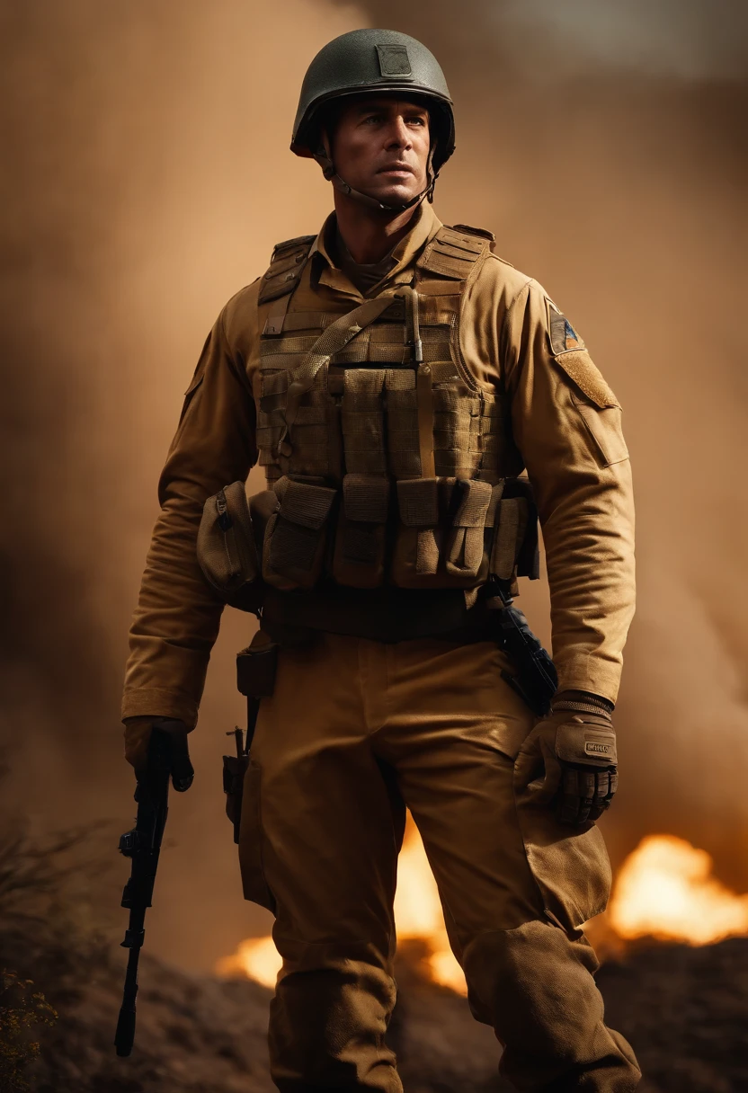 cartaz de um soldado militar, corpo muito musculoso, olhos azuis, 40 anos de idade, com uniforme ocre claro, boina preta, Botas pretas, colete ocre leve, dynamic pose, Standing full body, In the background, ultra realistic, melhor qualidade, alta qualidade, epic scene, cinemactic