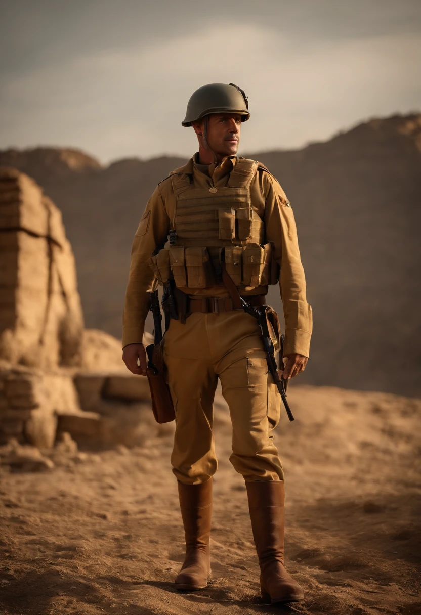 cartaz de um soldado militar, corpo muito musculoso, olhos azuis, 40 anos de idade, com uniforme ocre claro, boina preta, Botas pretas, colete ocre leve, dynamic pose, Standing full body, In the background, ultra realistic, melhor qualidade, alta qualidade, epic scene, cinemactic