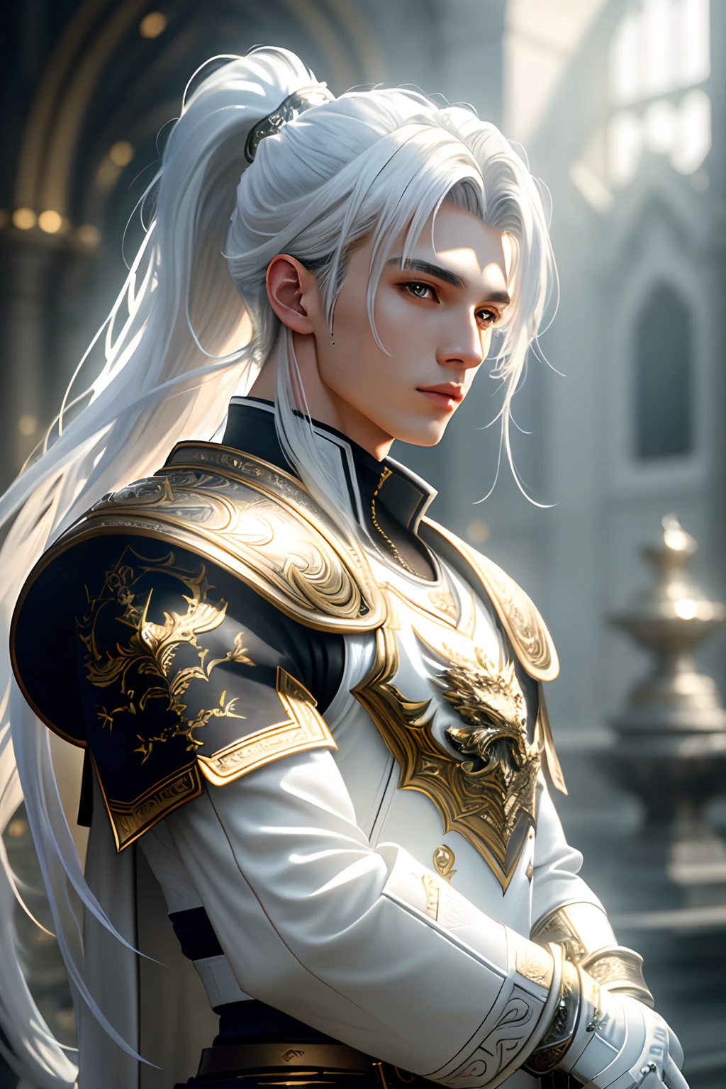 masterpiece, ultra detailed photography of a gorgeous humanoid dragon male, 1guy, (((21 year old male))), perfectly drawn face, wearing a luxury white battle armor, luxurious gloves, 8k resolution, photorealistic, ultra-high quality, king, opulent detailed background, covered navel, 32k, long white hair, messy ponytail, full lips, curvy guy, perfect anatomy, cinematic lighting, intricately detailed, white tetradic color, volumetric lighting