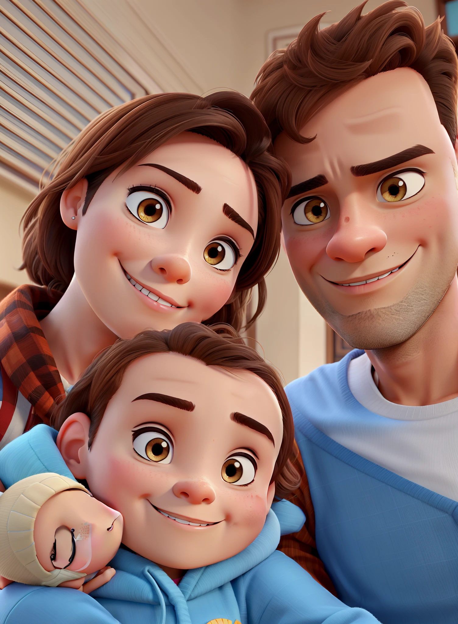 A brown-eyed man and a woman holding a , no estilo disney pixar