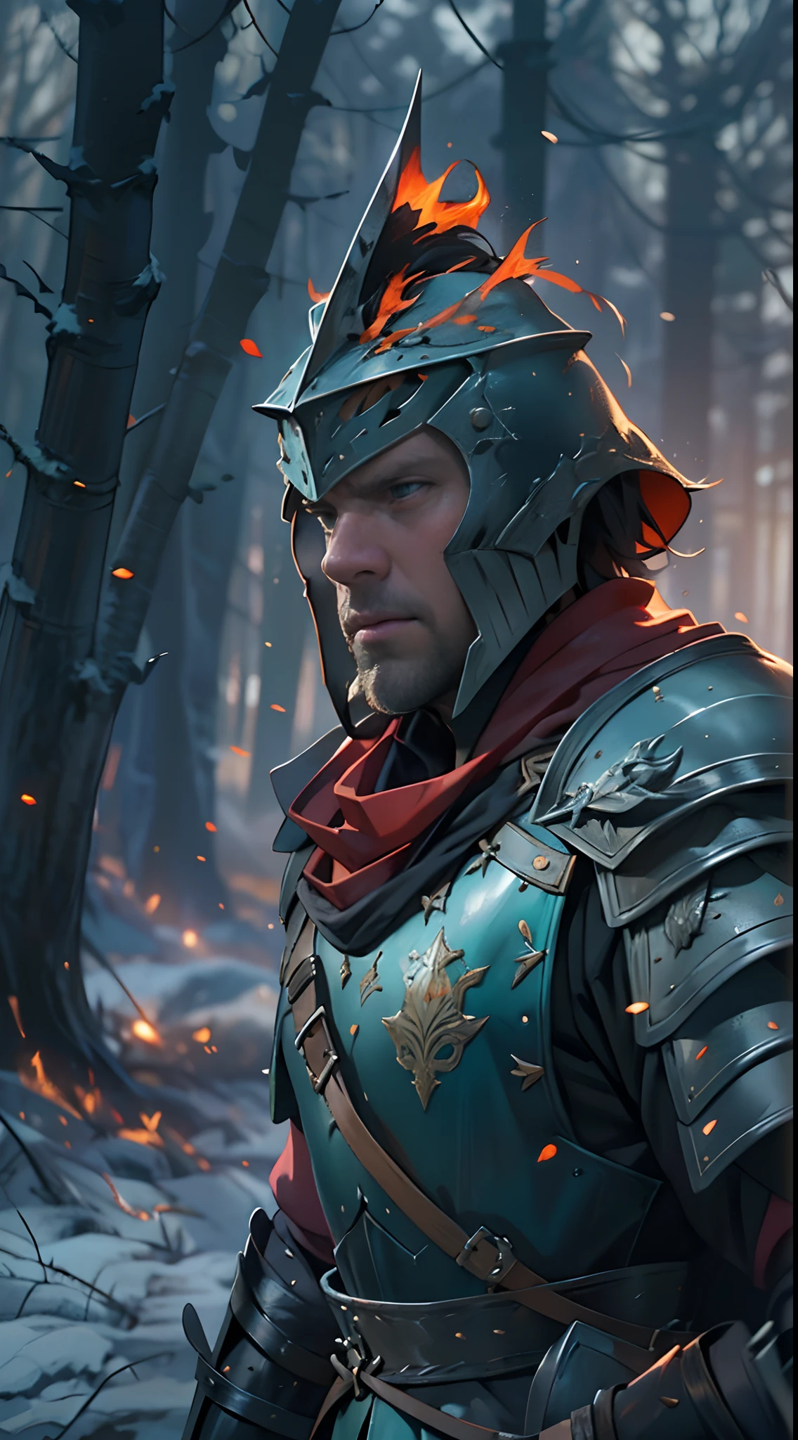 General on horseback，charge，top-quality、softlighting、(depth of fields)、超A high resolution、(Photorealsitic:1.4)、RAW photography、(porate:1.4)，On the battlefield，Russell Crowe（Russell Ella Crowe）played by General Maximus（cinematic ligh：gladiator），（Hairstyles：Short dark brown hair，Small waves），（Wearing：Silver armor，red capelet，（rendering by octane, illusory engine, Highly detailed, iintricate，））,  Riding an armored war horse, Command the battlefield，（Angry，Brave，intense battles，），8K, High definition, Detailed face, Detailed eyes，Hyper-realistic, + cinema shot + Dynamic composition, Incredibly detailed, Sharpen, Details + Superb details + perfectionism + award winning realism ((Moody lighting))，Vintage style，Correct anatomy，（Scenes：Winter cold forest，Medieval battlefield，The King's Banner，Flying flames，），((Masterpiece,Best quality)), ((Cinematic light)), Ultra photo realsisim, fearsome, Dark fantasy, epic realistic, Faded, ((com cores neutras)), (hdr:1.5), (pastel colour:1.2), ultra - detailed, (Art Station:1.5), Cinematic, warm lights, Light effect, Dramaticlight, (Intricate details:1.1), the complex background, (greg rutkovsky:0.8), (Teal and orange:0.4），Knights、Full body armor、big sword、a shield、Red cape、Riding an armored horse, Fierce, epic, Cinematic composition,