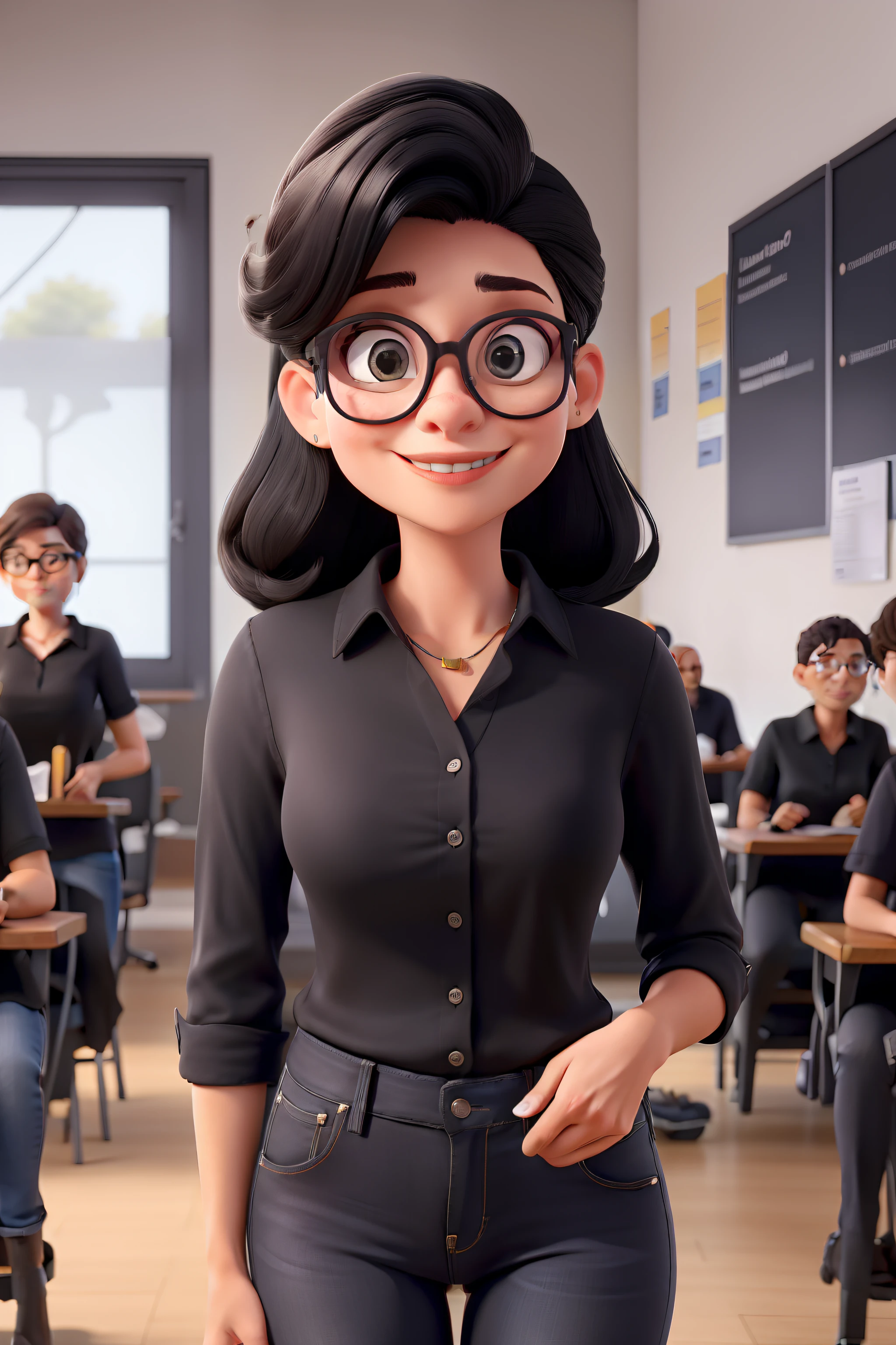 Obra prima, mulher de 46 anos, cabelo preto liso, bespectacled, in a black blouse and jeans, numa escola dando aula