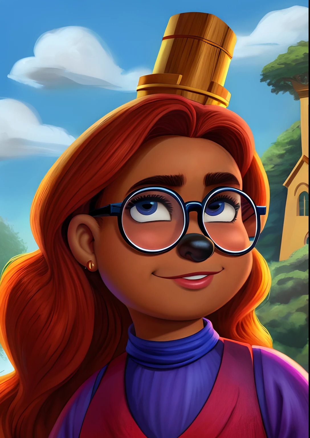 Ao desenho estilo disney e pixar uma garota de olhos castanhos escuros, cabelos muito longos e negros, pele branca, wearing round glasses, usando uma pulseira de corrente prata e um vestido.
Jesus Cristo ao seu lado.
