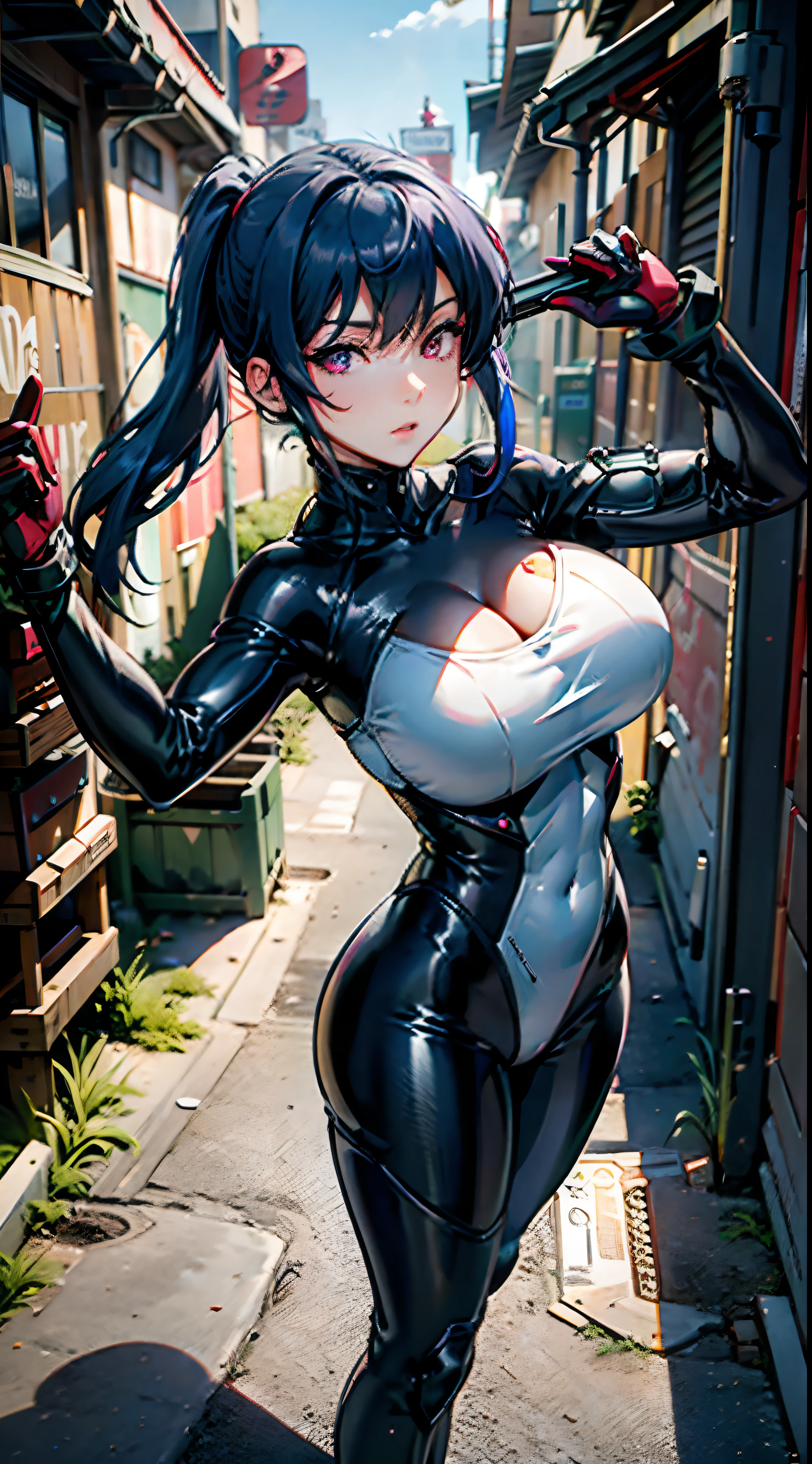 (Best Quality, ultra-detailed, master piece, in 8K, All women, Shady inner-city alleyway, one's subjective point of view,),lady wearing a mask in body suit, ( Shotgun in hand, sky-blue medium hair, purplish red eyes, enormous breasts, It feels so good, she's in love with, glad, eyes closed),