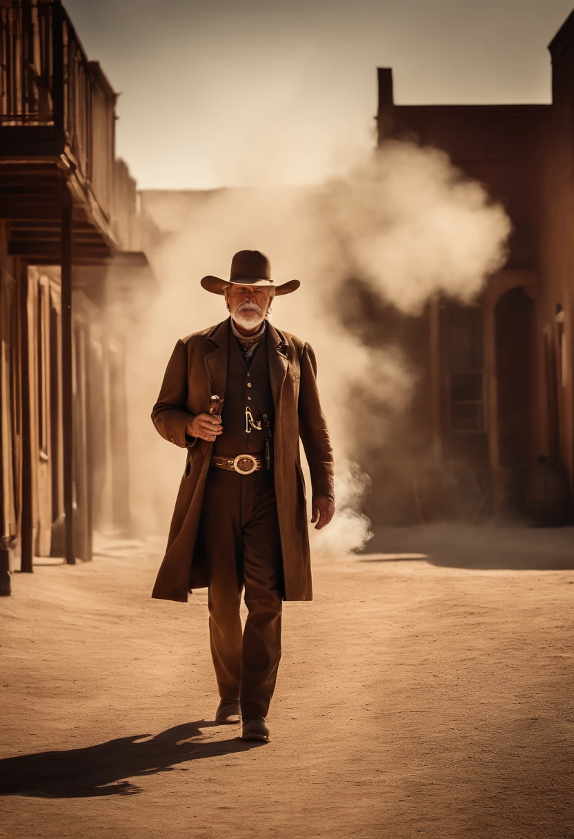 Portrait of a old time western sheriff smoking a cigar while he walks down a dusty western street, full body