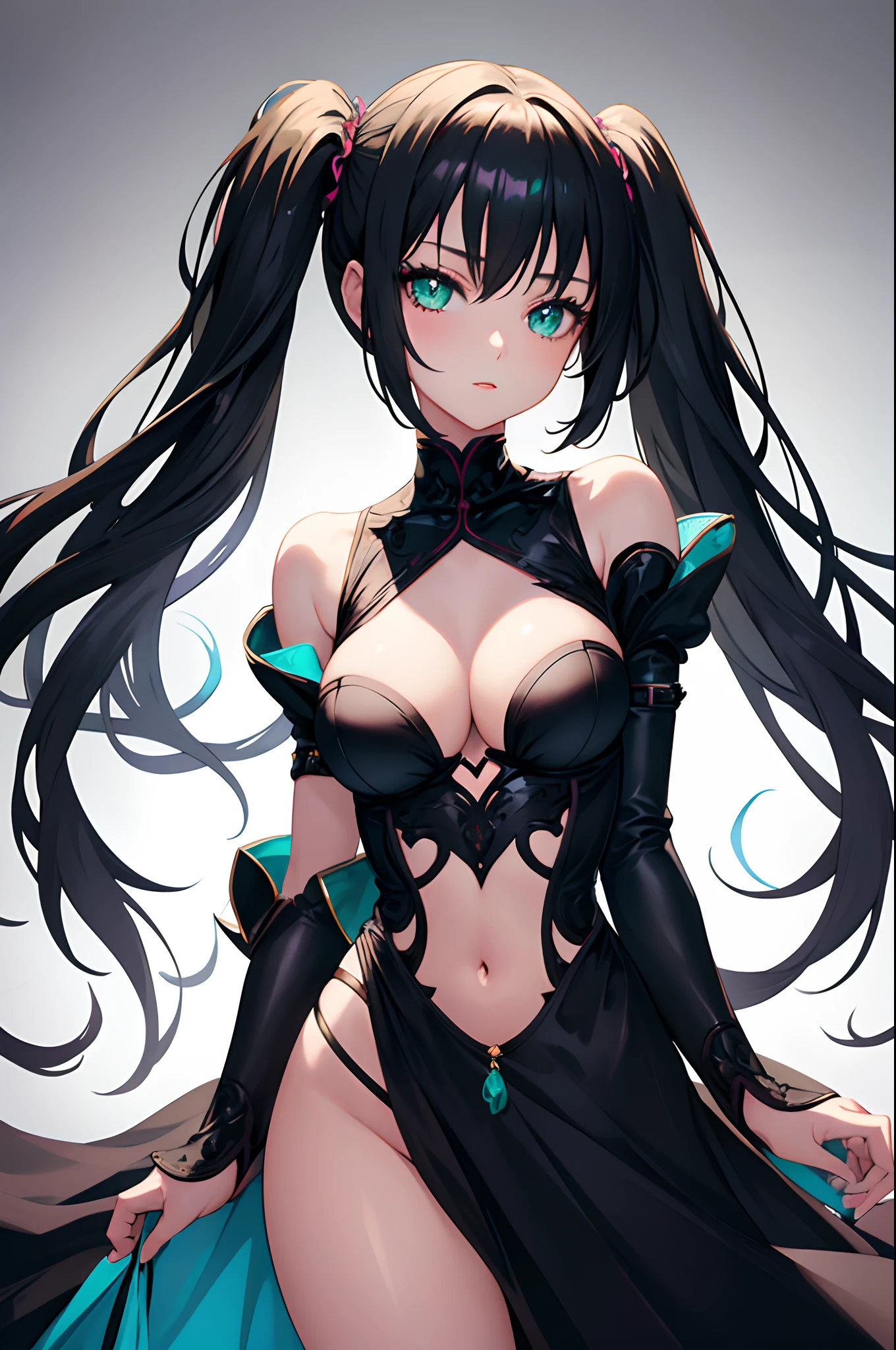 1girl, anime, cute girl, blank background, white background, fantasy, detailed dark fantasy dress with highlights, beautiful face, beautiful eyes, dark colors, black hair, twintails, green eyes, medium breasts, slight cleavage, beautiful skin, cute, breast curtains, extremely delicate and beautiful, (beautiful detailed face:1.0), (detailed deep eyes), symmetrical breasts, deep eyes, shiny skin, portrait, slender waist, hips wider than shoulders, thighs, young girl, expressionless