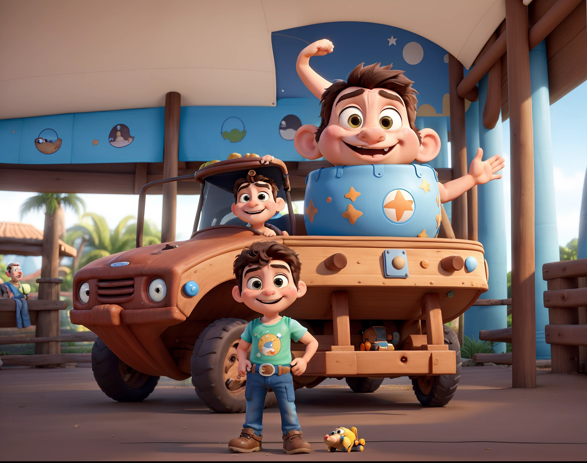 Create an image of Noah Davi that is in my gallery, make a clear image with high 8K quality and that he is a Disney Pixar adventurer, he is 8 months old and is wearing a ?????? with a tank top in the Beto Carreiro World park. From a title to a photo and also include Disney Pixar on the cover.