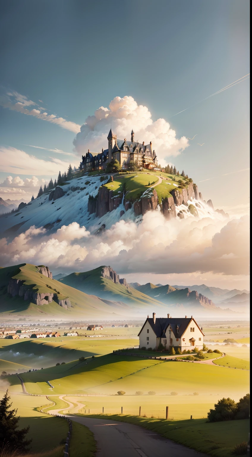 Best quality, Masterpiece, Super high resolution, (Realism: 1.4), Oil painting style, cinmatic lighting, The endless grassland is dotted with several houses, I stood on the empty asphalt road and looked at it, The fairy mountains are foggy, The crane is flying