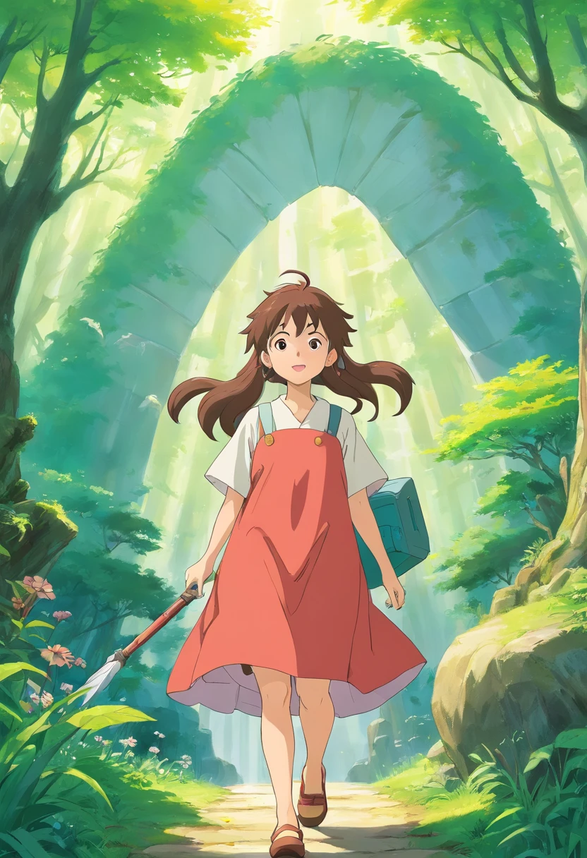 Draw a Ghibli-style character。The characters contain elements of nature and fantasy、It will have adorable facial expressions and a distinctive animation style。Add beautiful landscapes and magical elements to the background。Draw your character in a way that makes you feel like you're discovering something in the adventure