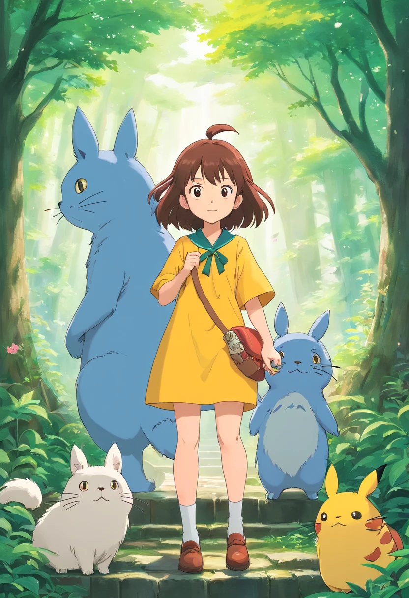 Draw a Ghibli-style character。The characters contain elements of nature and fantasy、It will have adorable facial expressions and a distinctive animation style。Add beautiful landscapes and magical elements to the background。Draw your character in a way that makes you feel like you're discovering something in the adventure