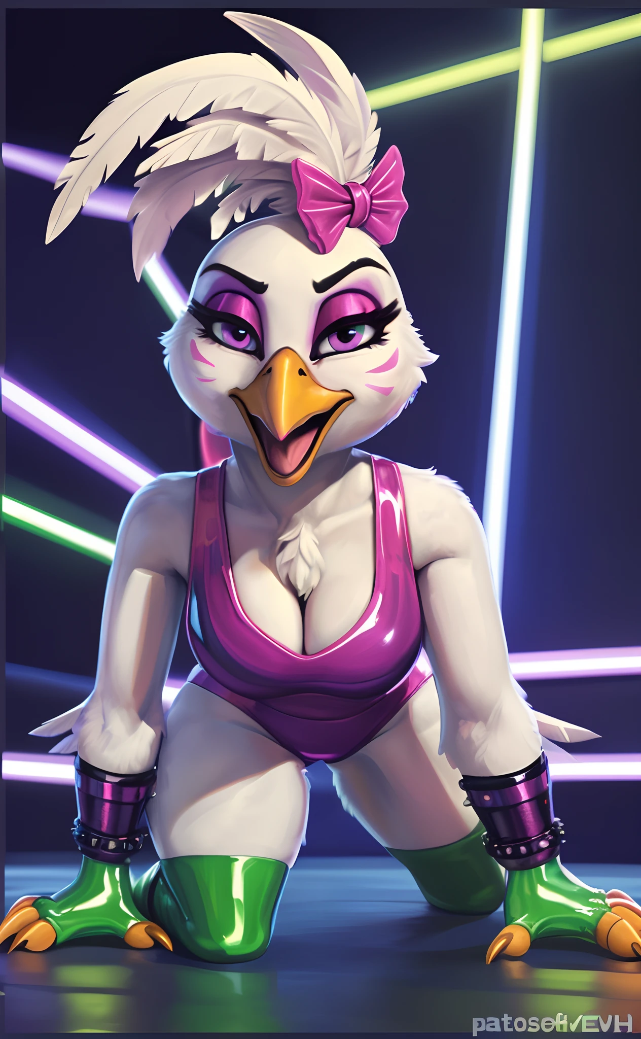 [glamrockchica], [FNAF:_Security_Breach], [Uploaded to e621.net; (Foxovh), (Pixelsketcher), (mayosplash], ((masterpiece)), ((HD)), ((solo portrait)), ((front view)), ((furry; anthro chicken girl)), ((detailed feathers)), ((detailed shading)), ((beautiful render art)), {anthro chicken; white feathers, (white feather tail), (orange talon feet), (yellow beak), (cute purple eyes), (half-closed eyes), (pink eyeshadow), (black pupils), (tied-up hair with pink bow), small boobs, (camel toe), (thick thighs), (beautiful legs), (angry), (excited smile), (mouth open)}, {(pink latex leotard), (cleavage), (green fingerless gloves), (green latex tiger-striped bracers), (green legwear), (two different color legwear on each leg)}, {(all fours), (pouncing position), (ass raised), (baring claws), (looking at viewer)}, [background; (dance studio), (bright neon lights)]