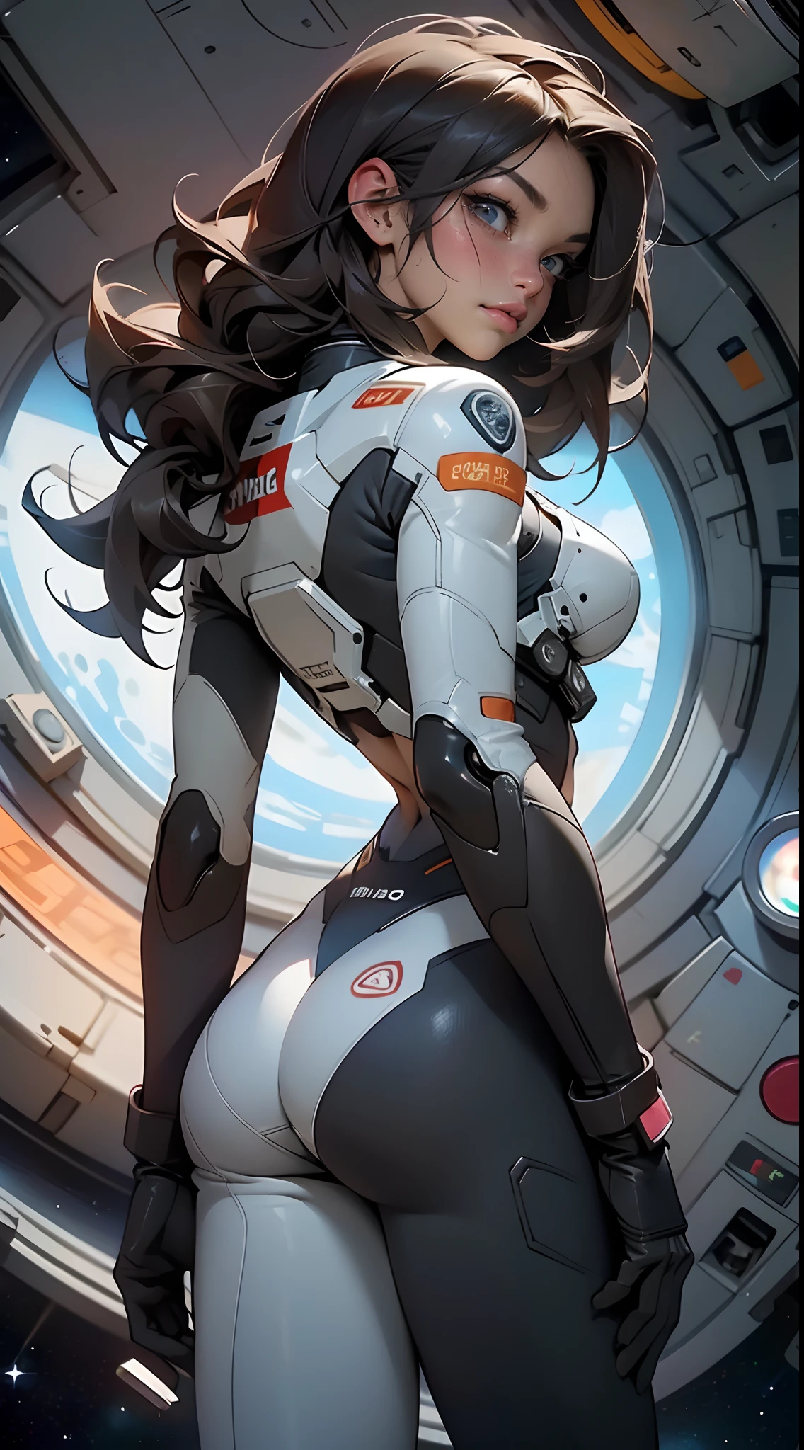 rear view, backside view,gritty hair fit body big breasts slim thighs slim waist pilot suit alone looking at the viewer in space long hair blushing determination, 8k, Detalle extremo,More detailed 8K.motor irreal:1.4,UHD,La mejor calidad:1.4, fotorrealista:1.4, textura de la piel:1.4, obra maestra:1.8,obra-prima, mejor calidad,objeto Objeto], (detailed face features:1.3),(Traje de piloto:1.4)