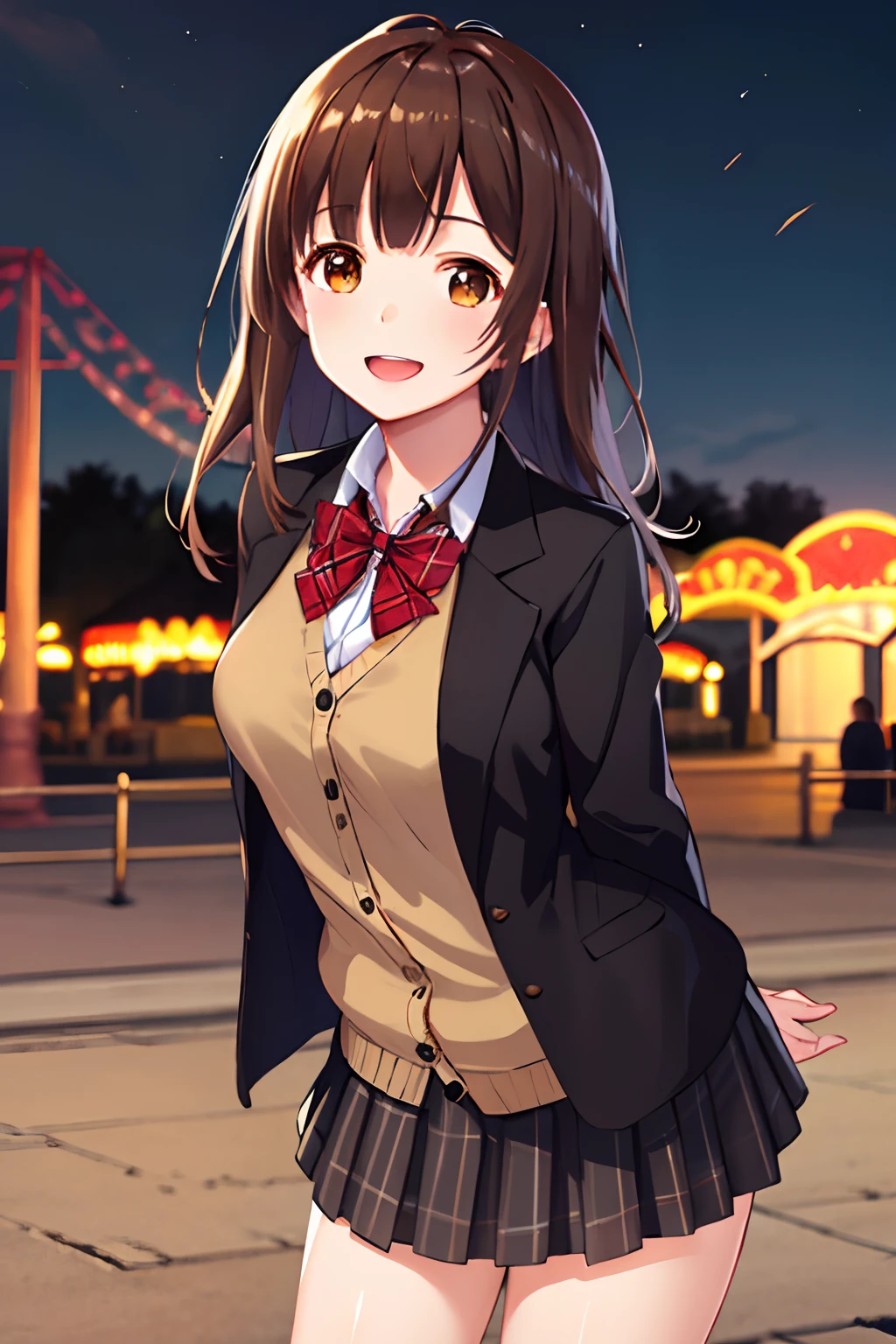 masterpiece, best quality, highres, 1girl, brown hair, long hair, bangs, brown eyes, medium breasts, red bowtie, school uniform, black jacket, open jacket, brown cardigan, white shirt, black skirt, plaid skirt, smile, open mouth, arms behind back, leaning forward, amusement park,