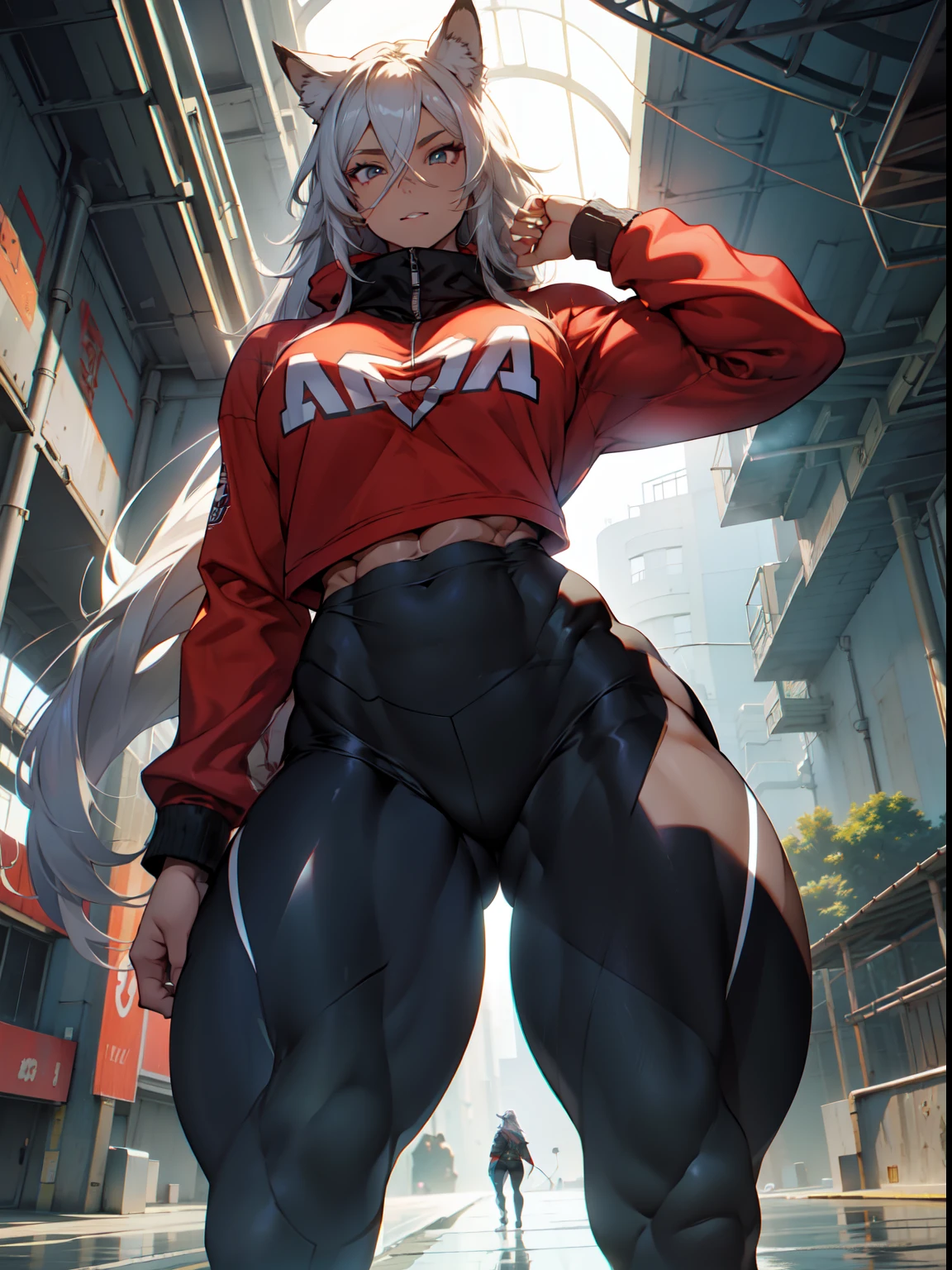 Extremely long hair Perfect anatomy 1 tall girl with curves only ((muscular)) sudadera con capucha leggings cuerpo tonificado, ((sthe highest qualit)) muy detallado, calidad 8k resolution