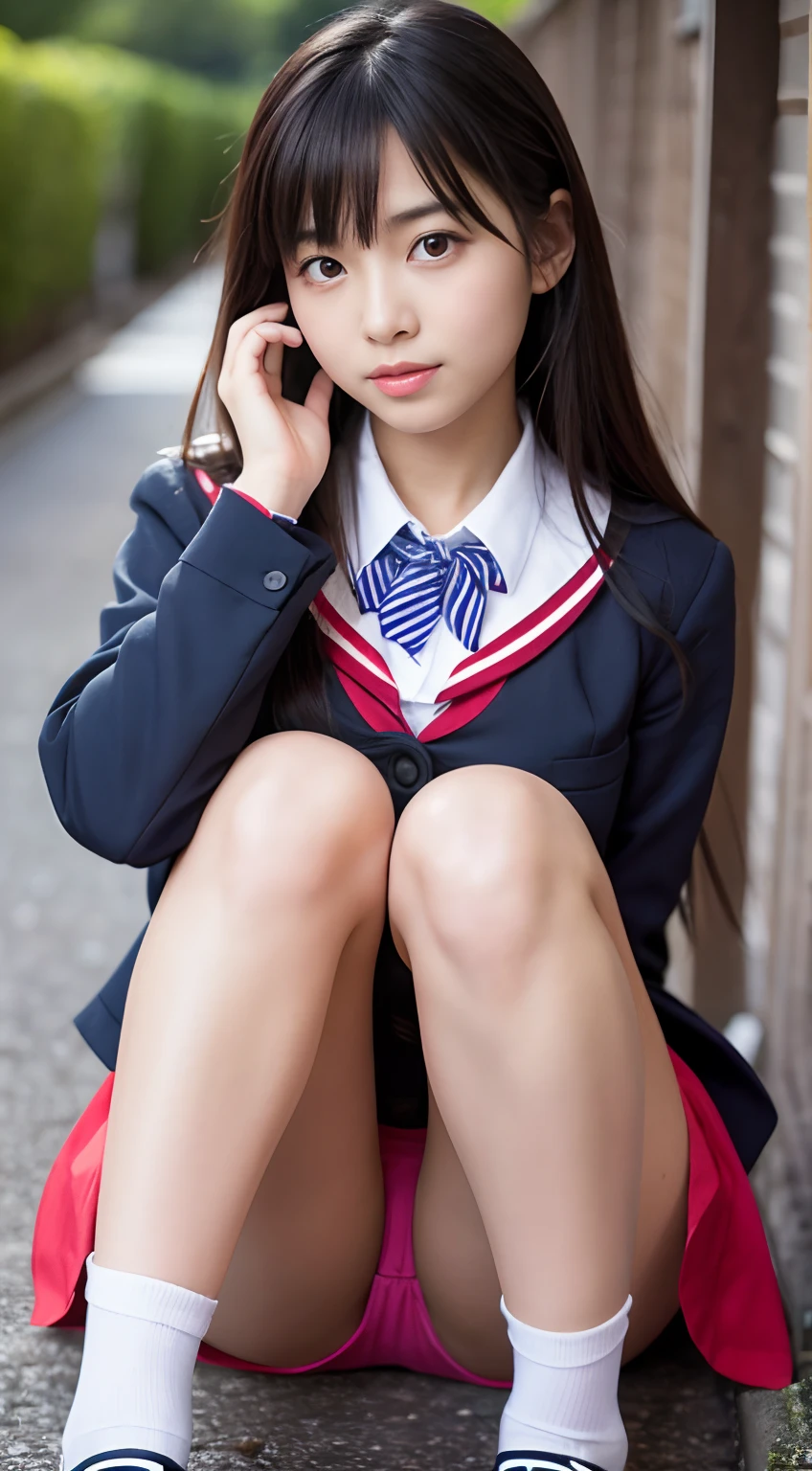 arafed asian woman in a school uniform sitting on the ground、Red lace underwear、Red panties, large full breasts:1.5、Cute Schoolgirl, a hyperrealistic schoolgirl, of a schoolgirl posing, Japan school uniform, School Girl, japanese girl school uniform, a hyperrealistic schoolgirl, Young Pretty Gravure Idol, Seifuku, Realistic Young Gravure Idol, wearing japanese school uniform, beautiful anime high school girl