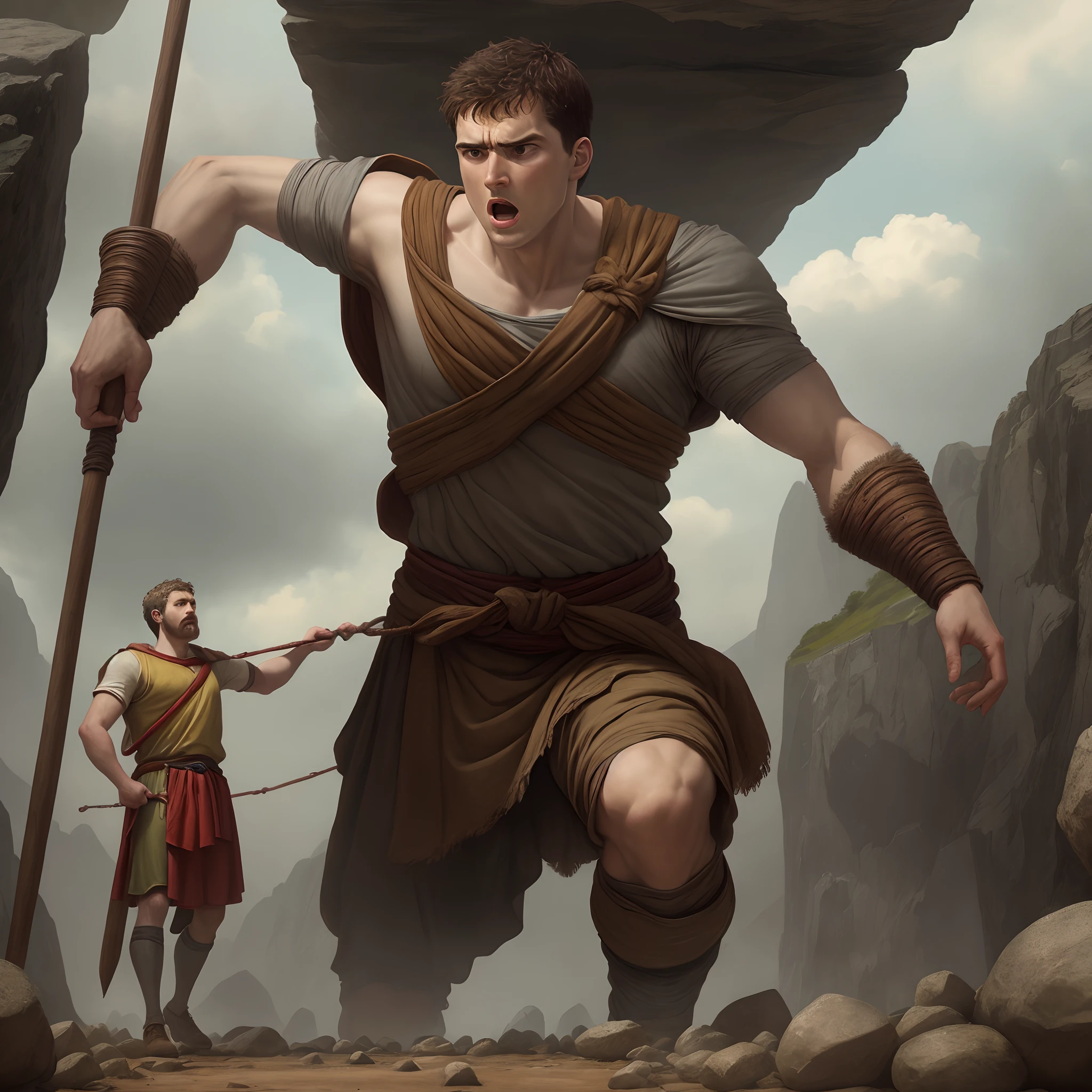 A depiction of David facing the giant Goliath with his sling and stones, perhaps with a dramatic image showing David's courage in the face of the challenge.