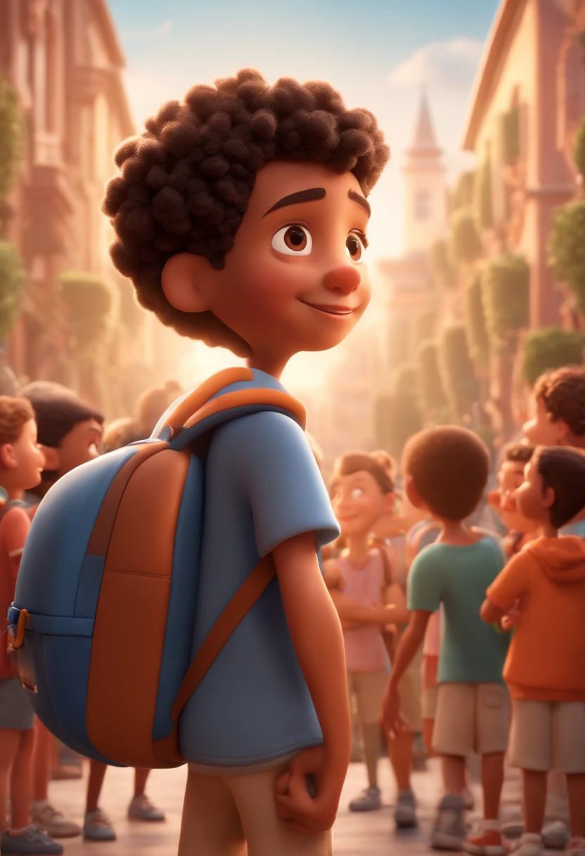 Cartoon boy with backpack and basketball in front of a crowd, 3D animated film, animation film, pixar 3 d animation style, pixar renderman rendering, Maia 8 mil, animated film, Disney Pixar Estilo 3D, brincando com um sorriso no rosto e correndo em uma quadra, In another photo, the same boy hugs a teacher