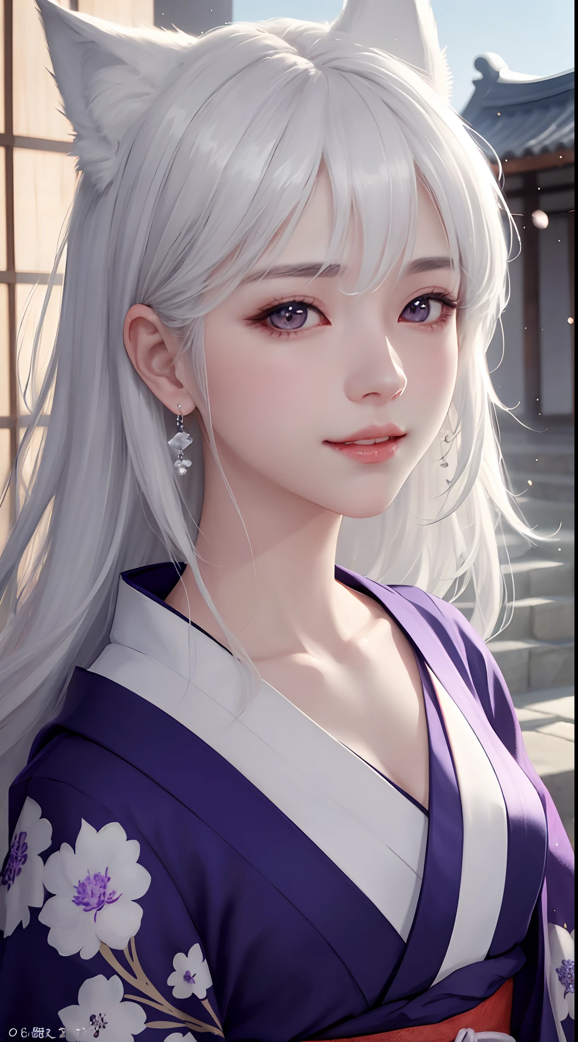 a happy beautiful white-haired anime wolf girl wearing purple kimono, wavy hair, anime, beautiful face, portrait, soft lighting, blur, flare, detailed accessories, graceful pose, detailed face, detailed kimono, detailed Japanese building background, hyperdetailed, masterpiece, 4k, 8k, trending on pixiv,