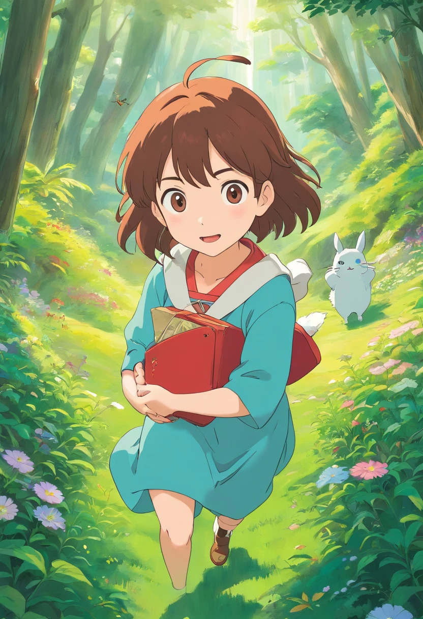 Draw a Ghibli-style character。The characters contain elements of nature and fantasy、It will have adorable facial expressions and a distinctive animation style。Add beautiful fantasy landscapes and magical elements to the background。