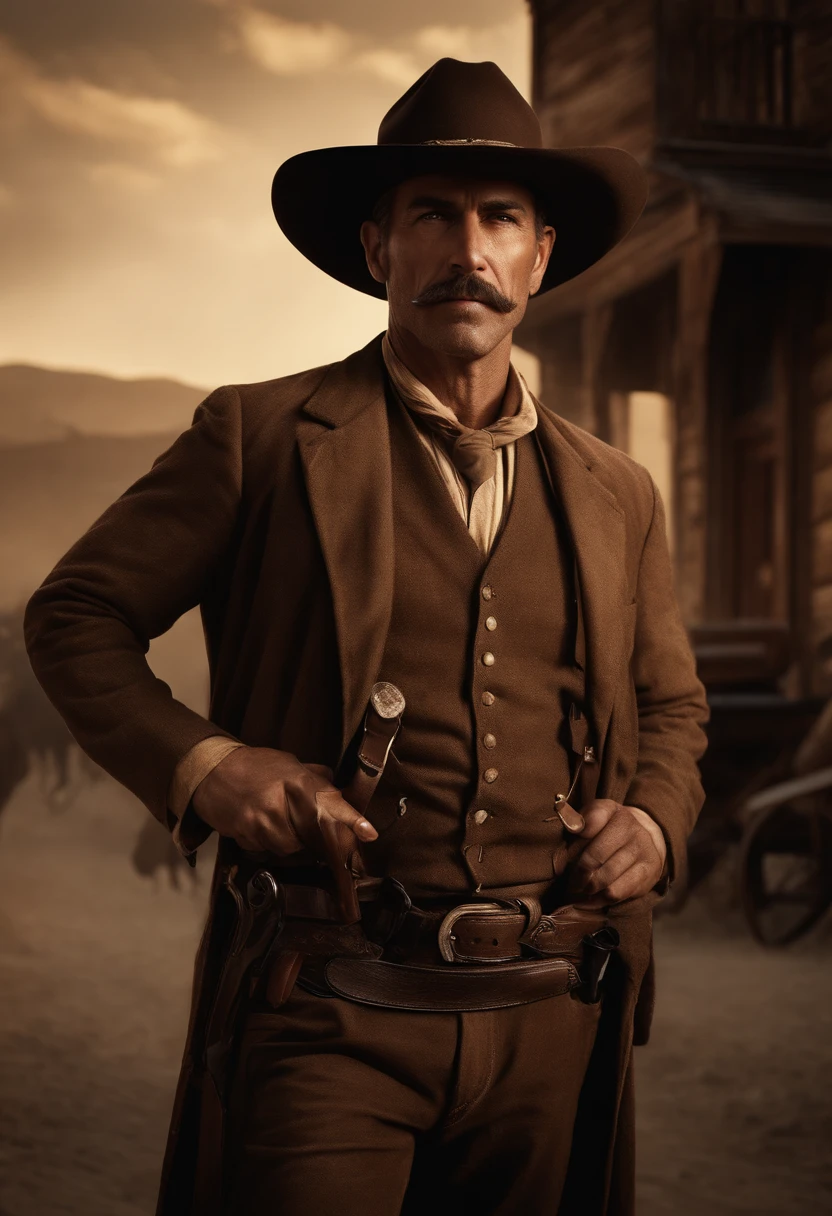 highres,realistic,portrait,western sheriff,smoking a cigar,dusty western street,full body,confident expression,old-fashioned outfit,wide-brimmed hat,tailored suit,dangling cigarette,evening light,rough texture,stubborn look,determined walk,leather boots,sleek gun holster,bullet belt,bystanders in awe,tumbleweed rolling by,authentic Wild West atmosphere,harsh shadows,brown color palette,vintage sepia tone