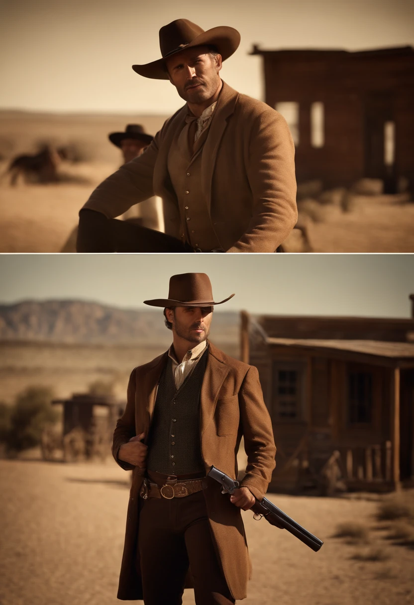 highres,realistic,portrait,western sheriff,smoking a cigar,dusty western street,full body,confident expression,old-fashioned outfit,wide-brimmed hat,tailored suit,dangling cigarette,evening light,rough texture,stubborn look,determined walk,leather boots,sleek gun holster,bullet belt,bystanders in awe,tumbleweed rolling by,authentic Wild West atmosphere,harsh shadows,brown color palette,vintage sepia tone