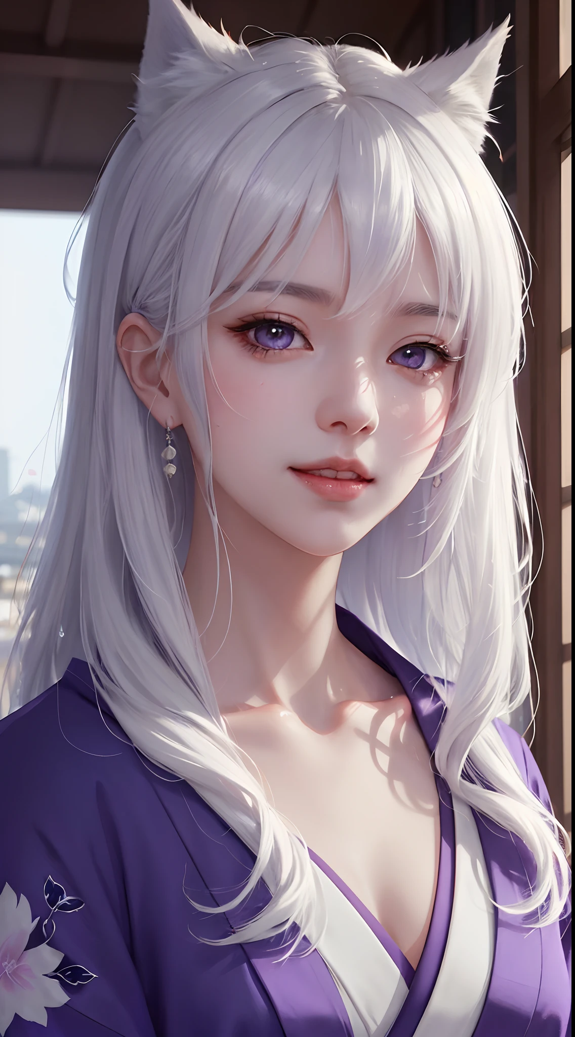 a happy beautiful white-haired anime wolf girl wearing purple kimono, wavy hair, anime, beautiful face, portrait, soft lighting, blur, flare, detailed accessories, graceful pose, detailed face, detailed kimono, detailed Japanese building background, hyperdetailed, masterpiece, 4k, 8k, trending on pixiv,