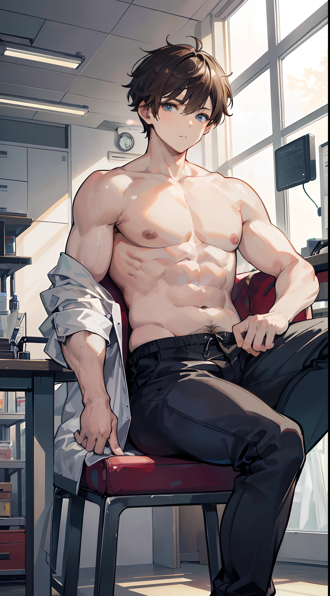 Absurdres masterpiece HDR high quality picture of Handsome boy , handsome face, detailed face, brown hair, chubby boy, fat body, very Short hair, ((messy cut hair style:1 )) , anime eyes, light skin ,
topless , sitting comfortably on chair inside the laboratory room, beautiful background, masterpiece scenery