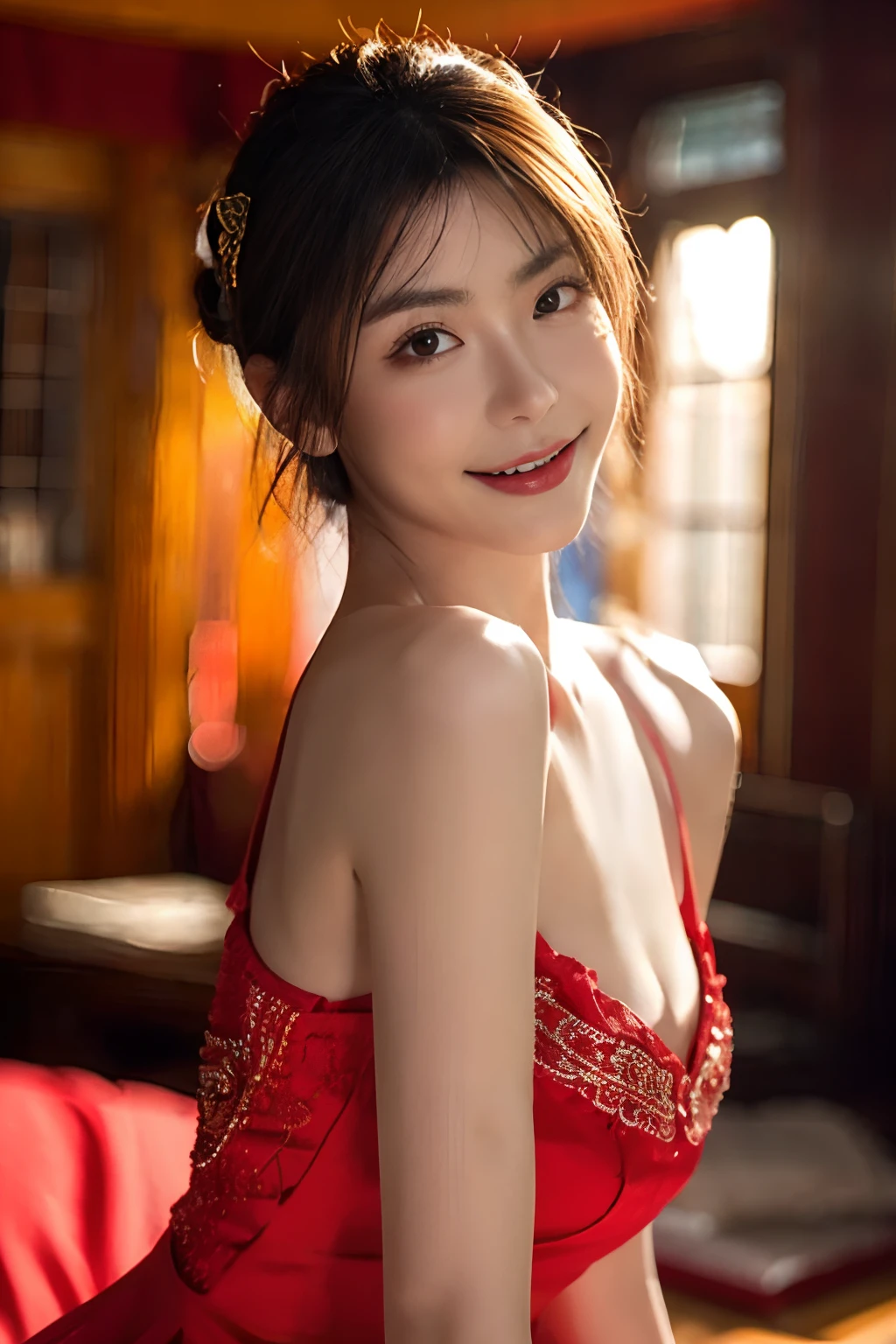 ancient chinese costumeを着て, ((Beautiful fantasy queen)), ancient Chinese Princess, Chinese style, Chinese traditional clothing, ancient chinese costume, Beautiful fantasy queen, Chinese Princess, 伝統的なbeauty,smile,, (8k, RAW Photos, Highest quality, masterpiece:1.2),(Realistic, photo-Realistic:1.37),whole body、Highest quality, Realistic, finely, High resolution, 8kの壁紙, Perfect dynamic composition,Elegant Face、Incredibly beautiful skin、 finelyて美しい目, Medium Hair, Big and ample breasts, Sexy pose,、smile、30 years old、(Droopy Eyes 1.4)、beauty、smile、whole bodyの姿、Hair tied up、smile、Sexy pose、smile、Race、whole body、Touching the chest with hands. Oh no.、