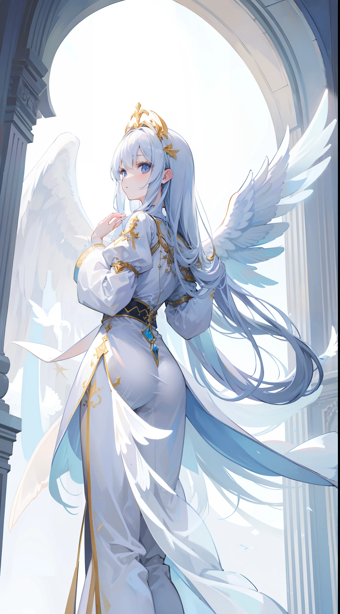 goddess on cloud sheer white dress long skirt huge breasts white blonde long hair god々A calm expression, sunlight, sparkling, pure, large areola, blue sky, wings on the back, strong wind, flower petals, wrapped in light