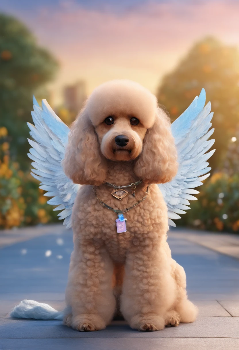 Create a poodle dog with angel wings on his back in Disney Pixar style, Next to a black Labrador dog with angel wings on his back, Against a blurred background of blue sky with clouds