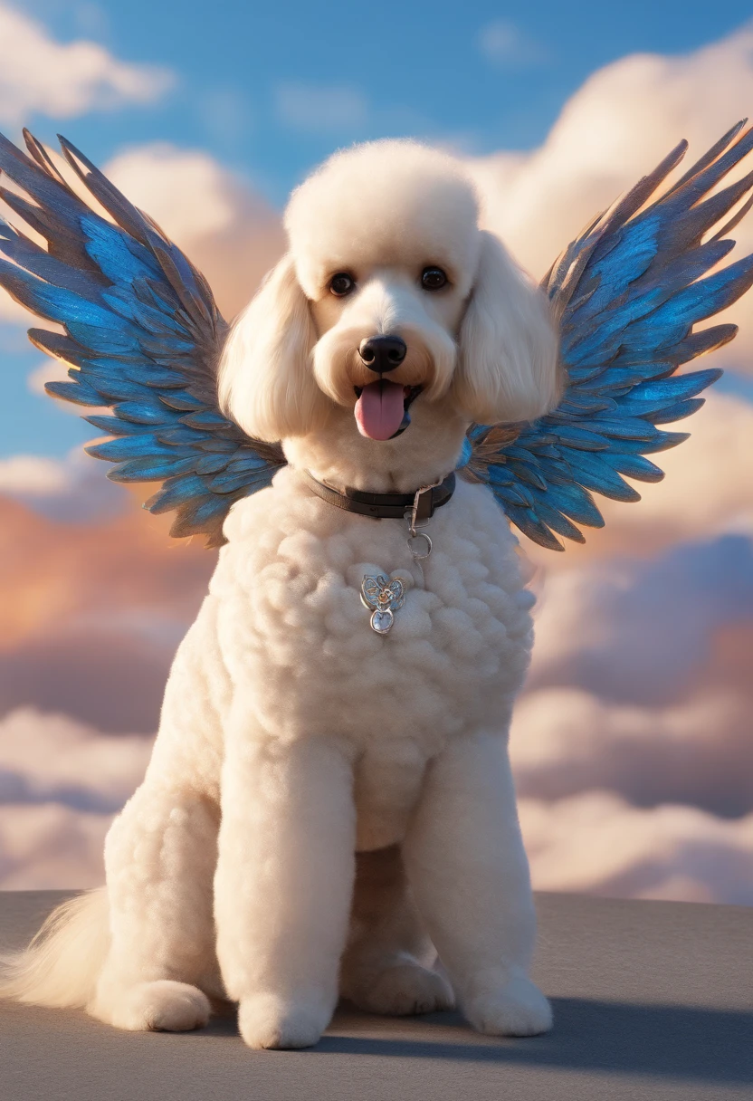 Create a poodle dog with angel wings on his back in Disney Pixar style, Next to a black Labrador dog with angel wings on his back, Against a blurred background of blue sky with clouds
